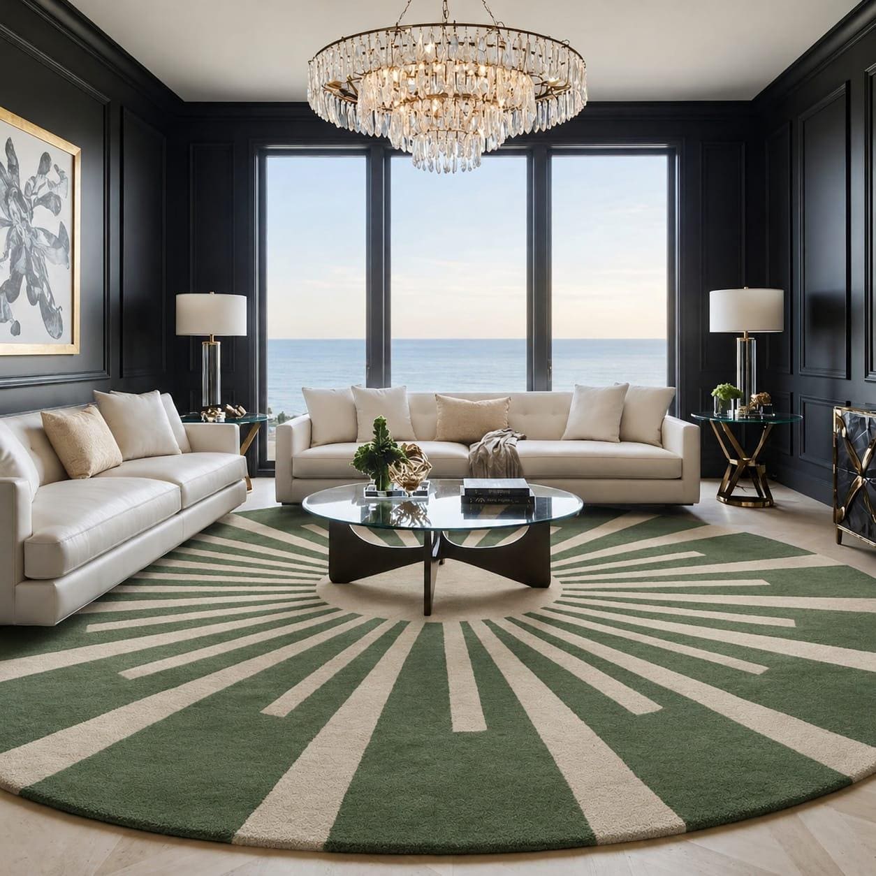 RugverseCreations Hand-Tufted Wool Round Rug with Sunburst Pattern Sage Green