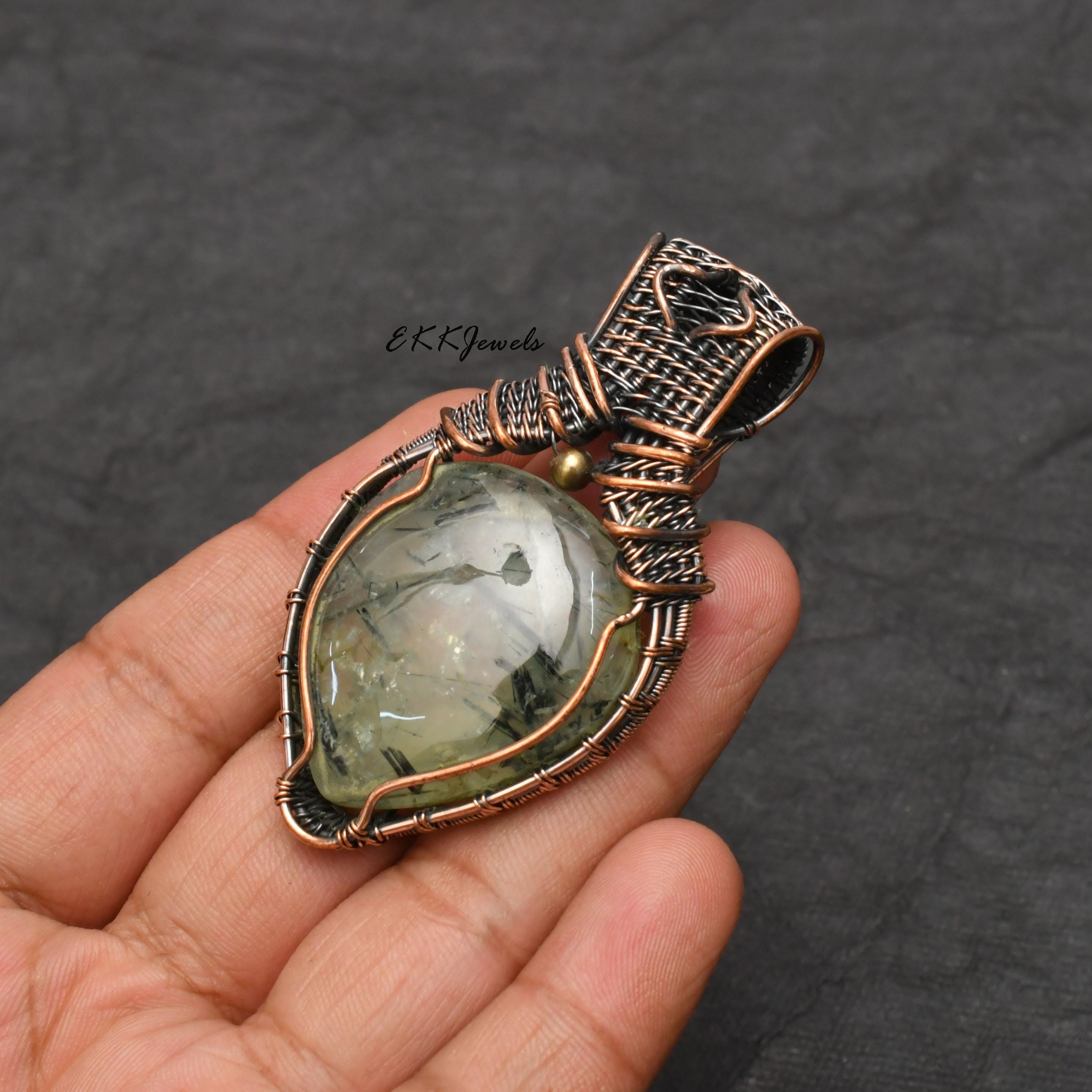 Handmade Copper Wire Wrapped Prehnite Pendant Necklace Jewelry