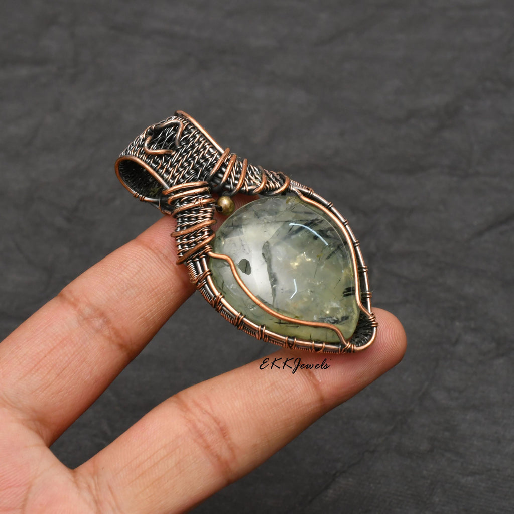 Handmade Copper Wire Wrapped Prehnite Pendant Necklace Jewelry