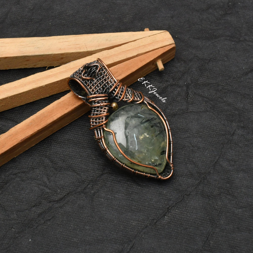 Handmade Copper Wire Wrapped Prehnite Pendant Necklace Jewelry