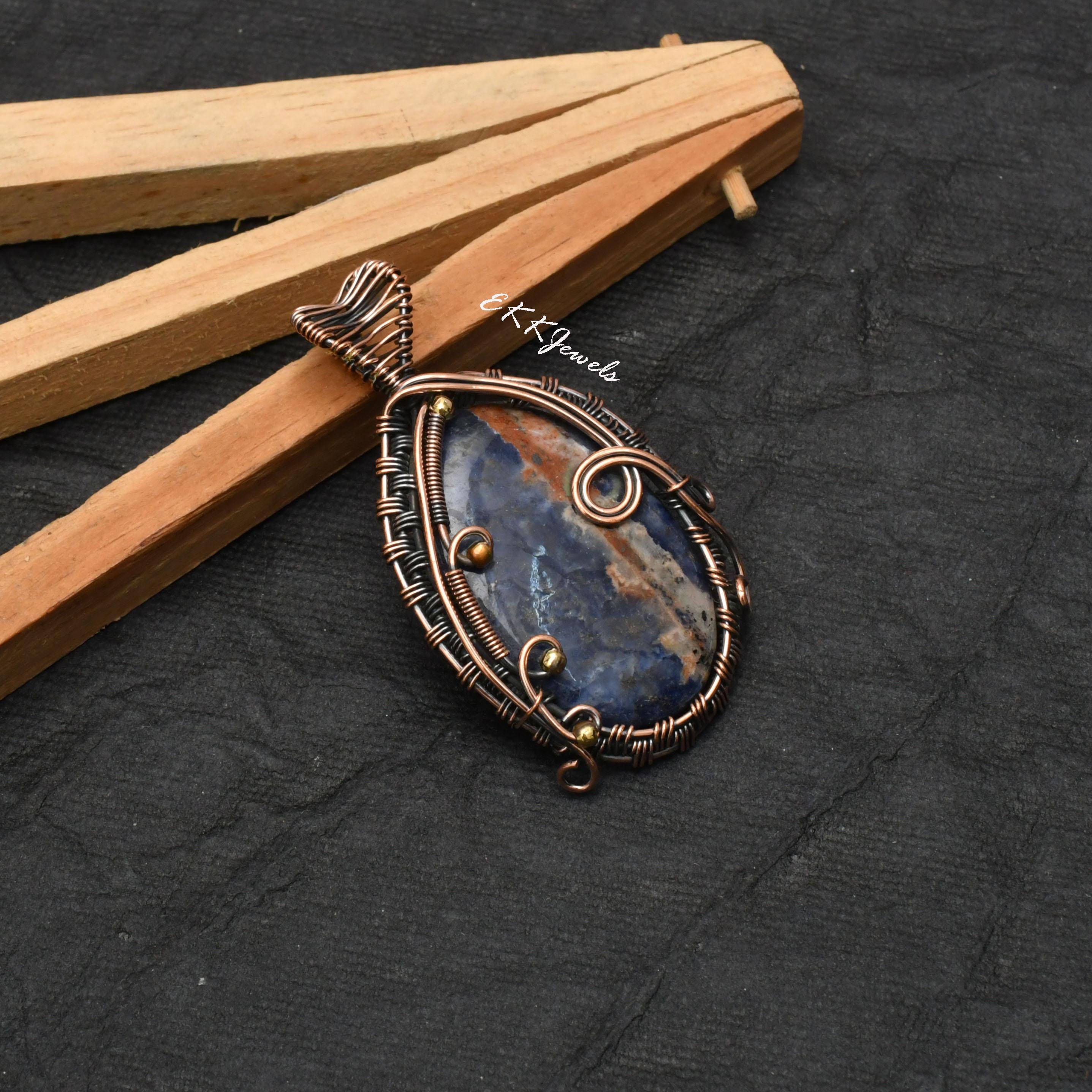 EkkJewels Handmade Copper Wire Wrapped Sodalite Pendant Necklace