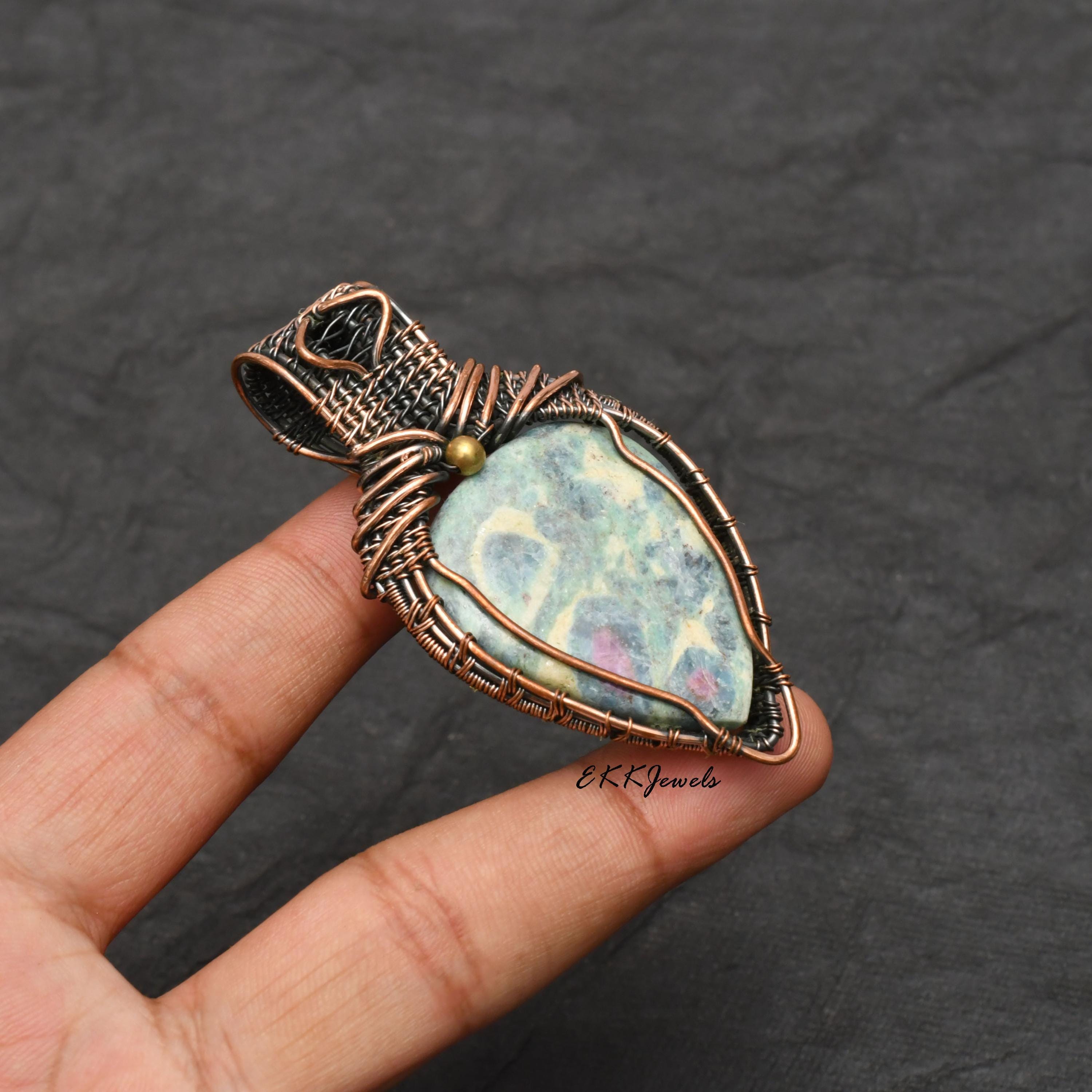 Handmade Copper Wire Wrapped Ruby Fuchsite Pendant Necklace Jewelry