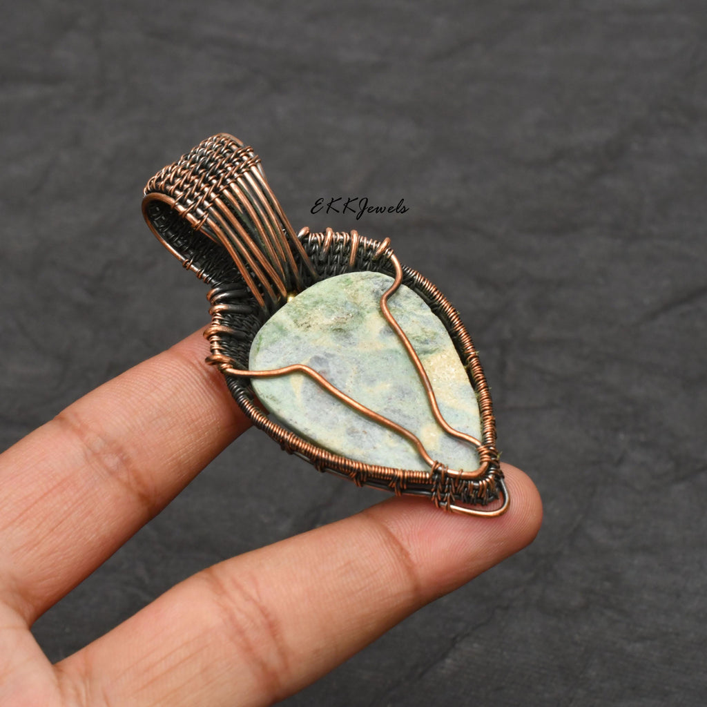 Handmade Copper Wire Wrapped Ruby Fuchsite Pendant Necklace Jewelry