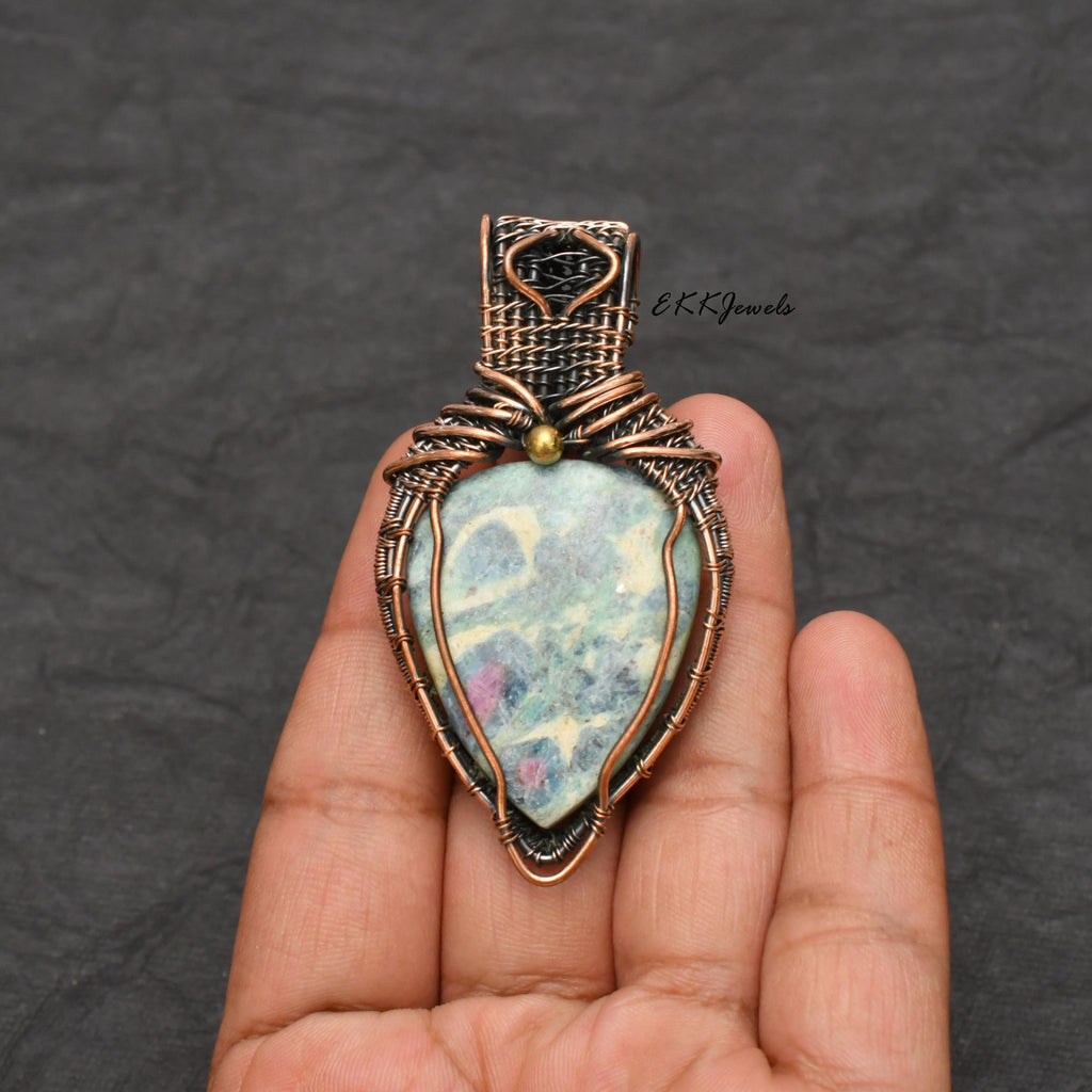 Handmade Copper Wire Wrapped Ruby Fuchsite Pendant Necklace Jewelry