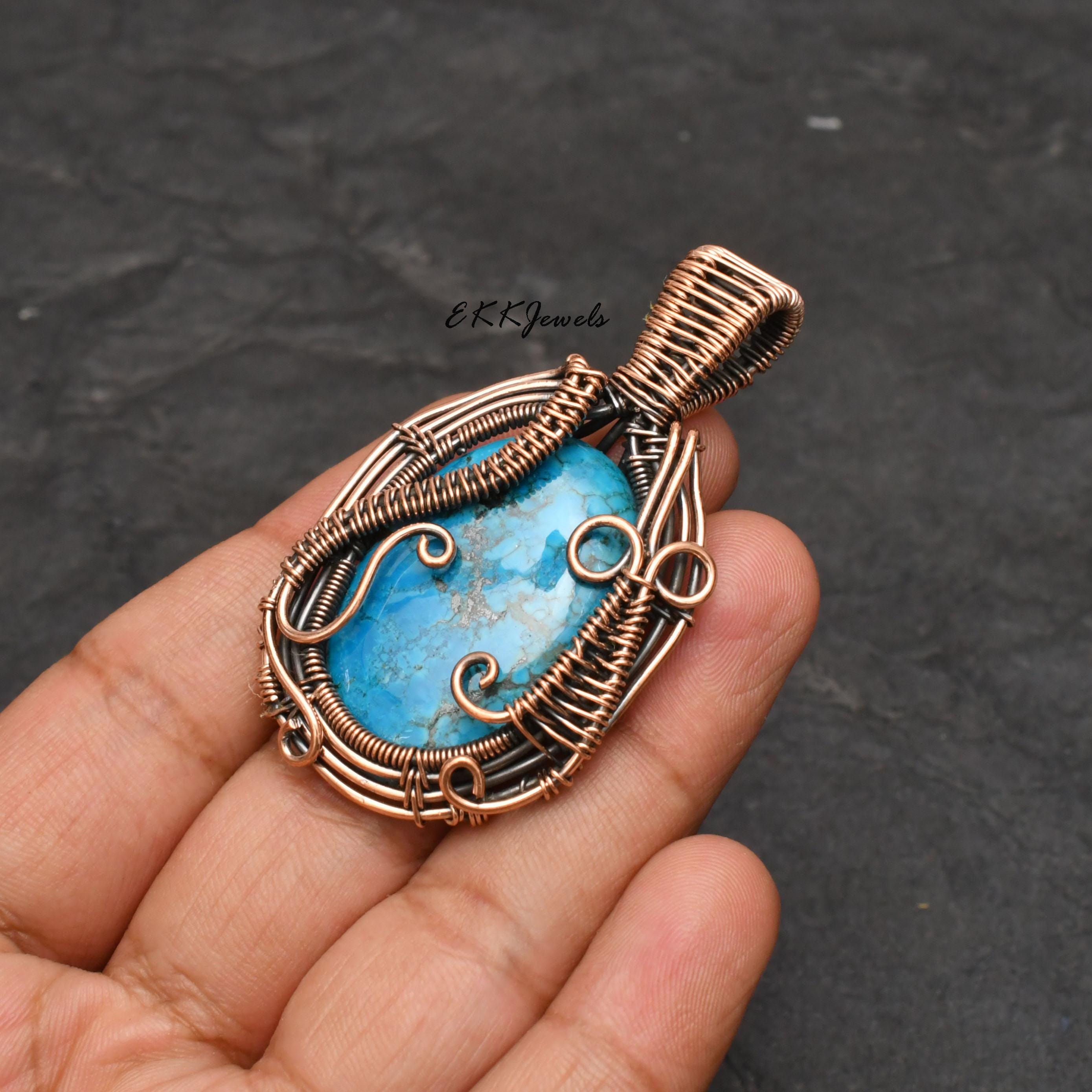 EkkJewels Handmade Copper Wire Wrapped Turquoise Pendant Necklace