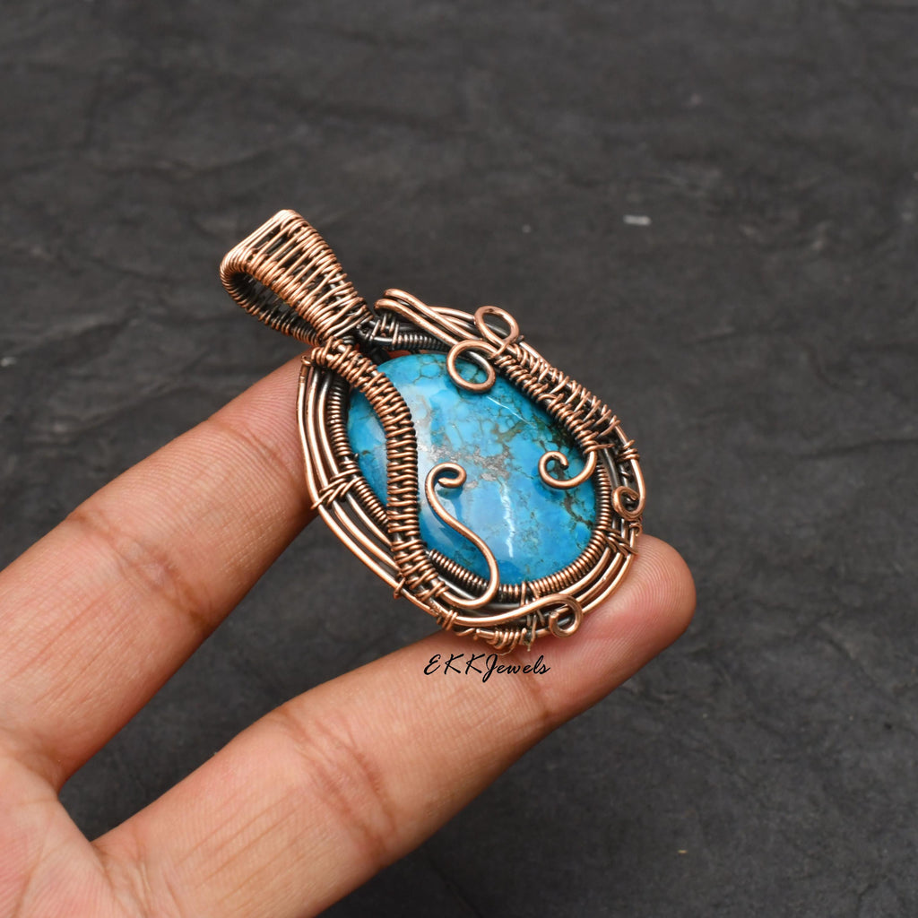 EkkJewels Handmade Copper Wire Wrapped Turquoise Pendant Necklace