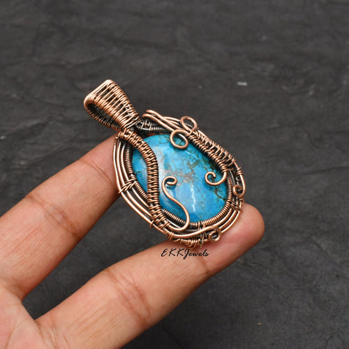 EkkJewels Handmade Copper Wire Wrapped Turquoise Pendant Necklace