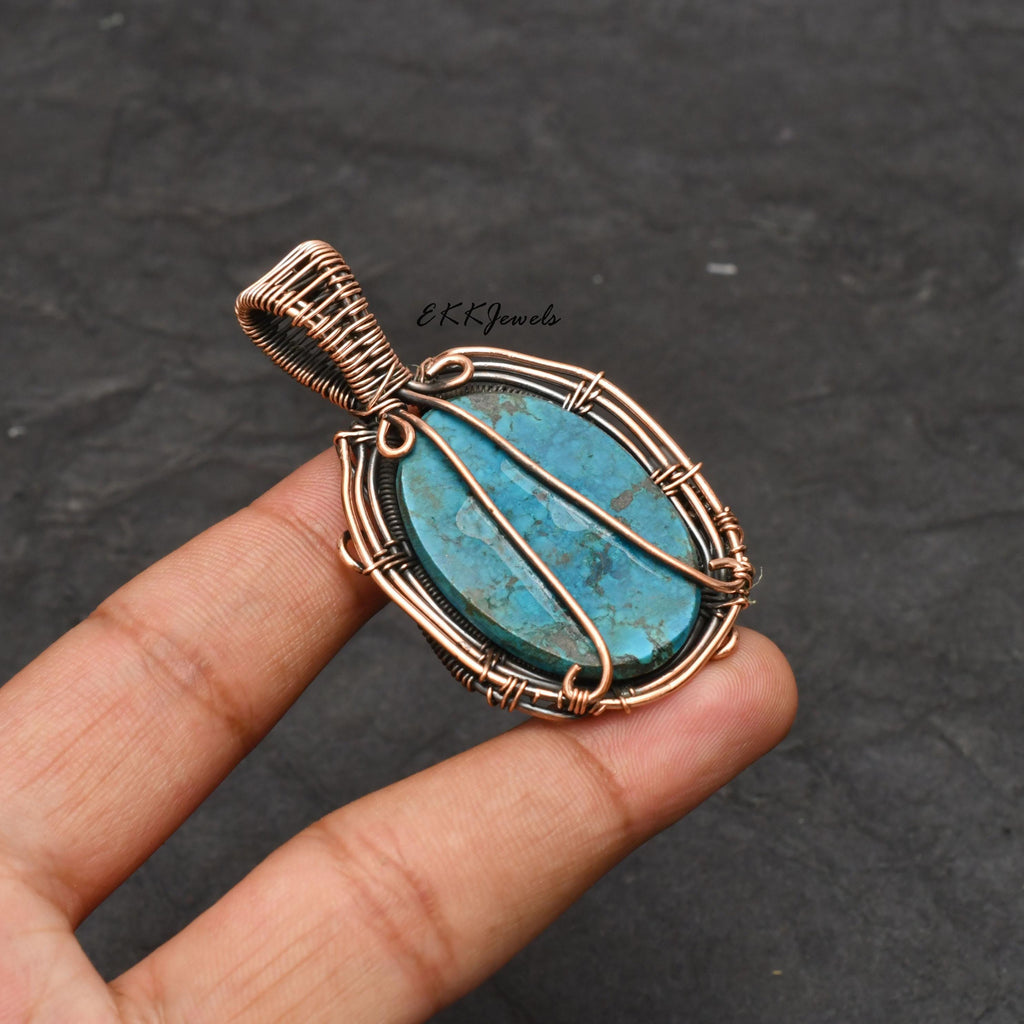 EkkJewels Handmade Copper Wire Wrapped Turquoise Pendant Necklace