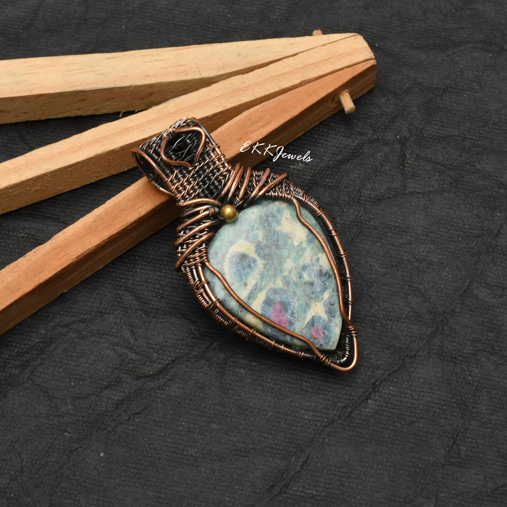 Handmade Copper Wire Wrapped Ruby Fuchsite Pendant Necklace Jewelry