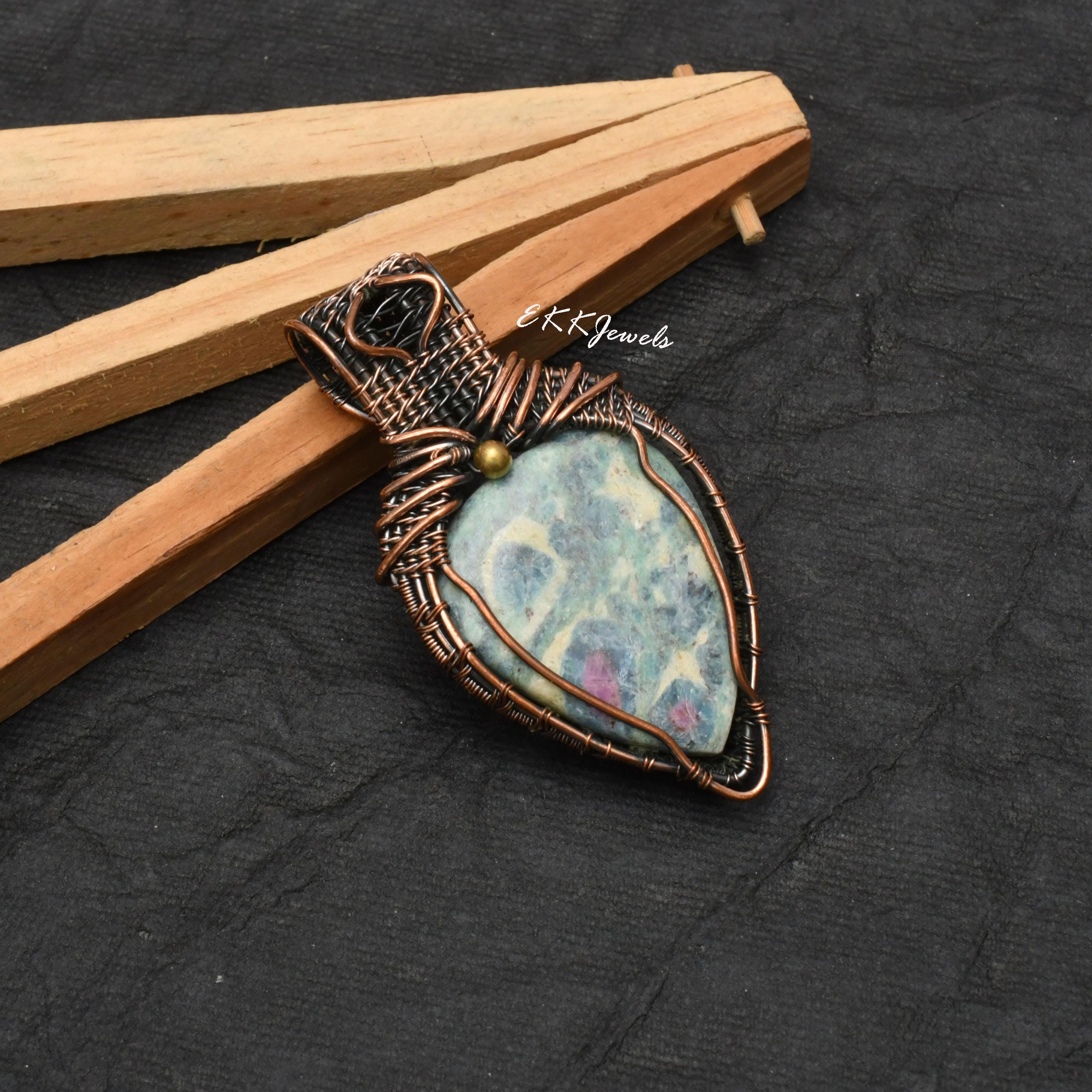 Handmade Copper Wire Wrapped Ruby Fuchsite Pendant Necklace Jewelry