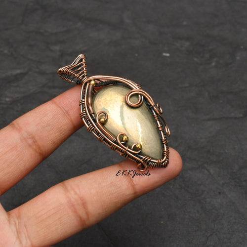 EkkJewels Handmade Copper Wire Wrapped Golden Pyrite Pendant Necklace