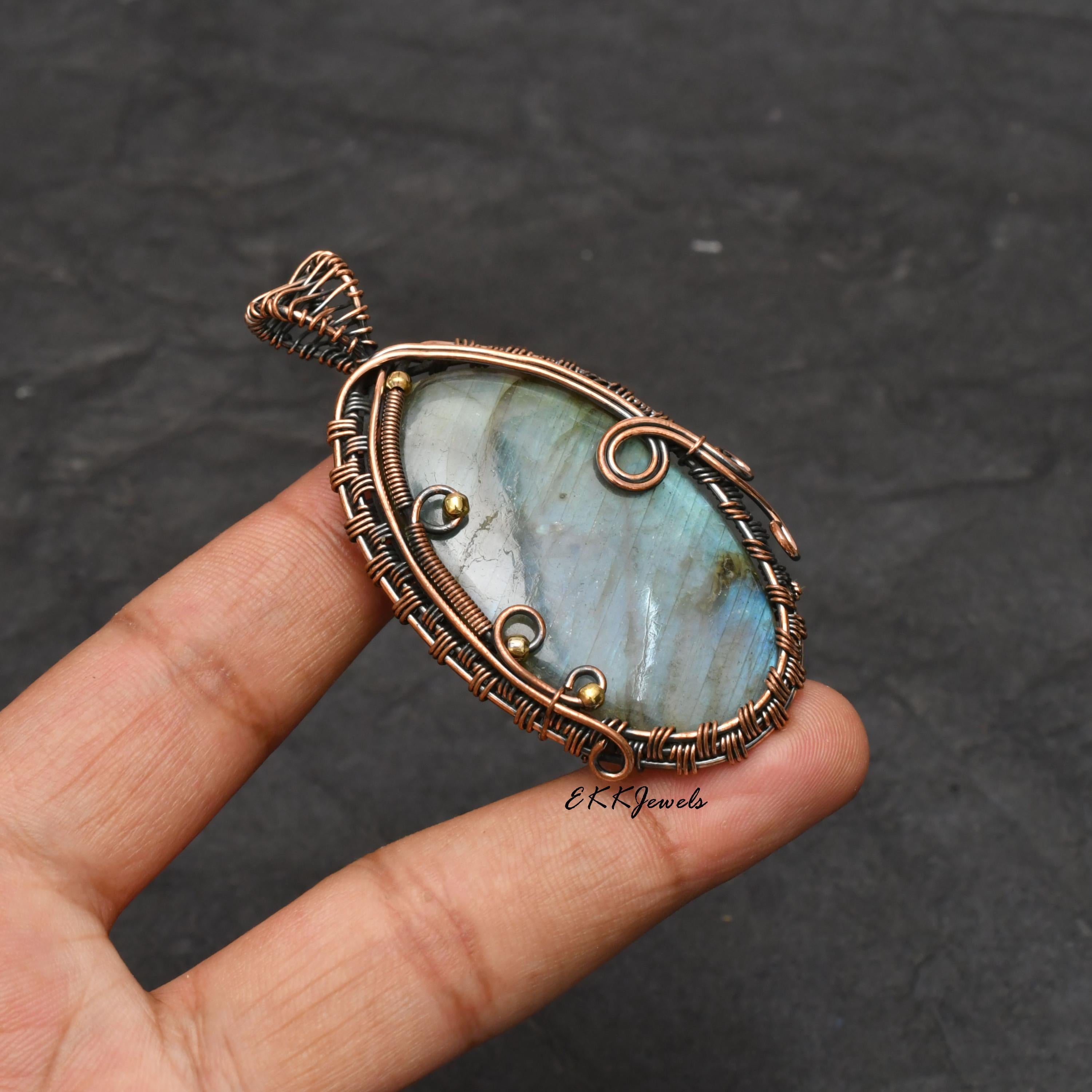 EkkJewels Handmade Copper Wire Wrapped Labradorite Pendant Necklace