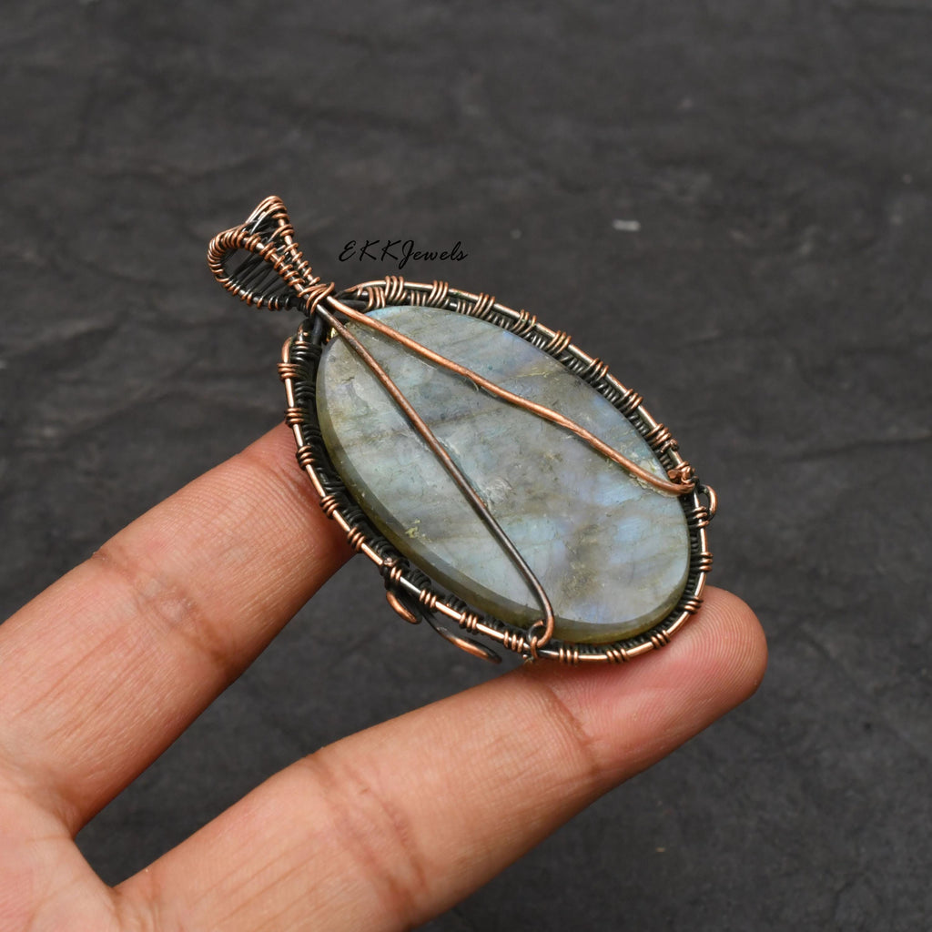 EkkJewels Handmade Copper Wire Wrapped Labradorite Pendant Necklace