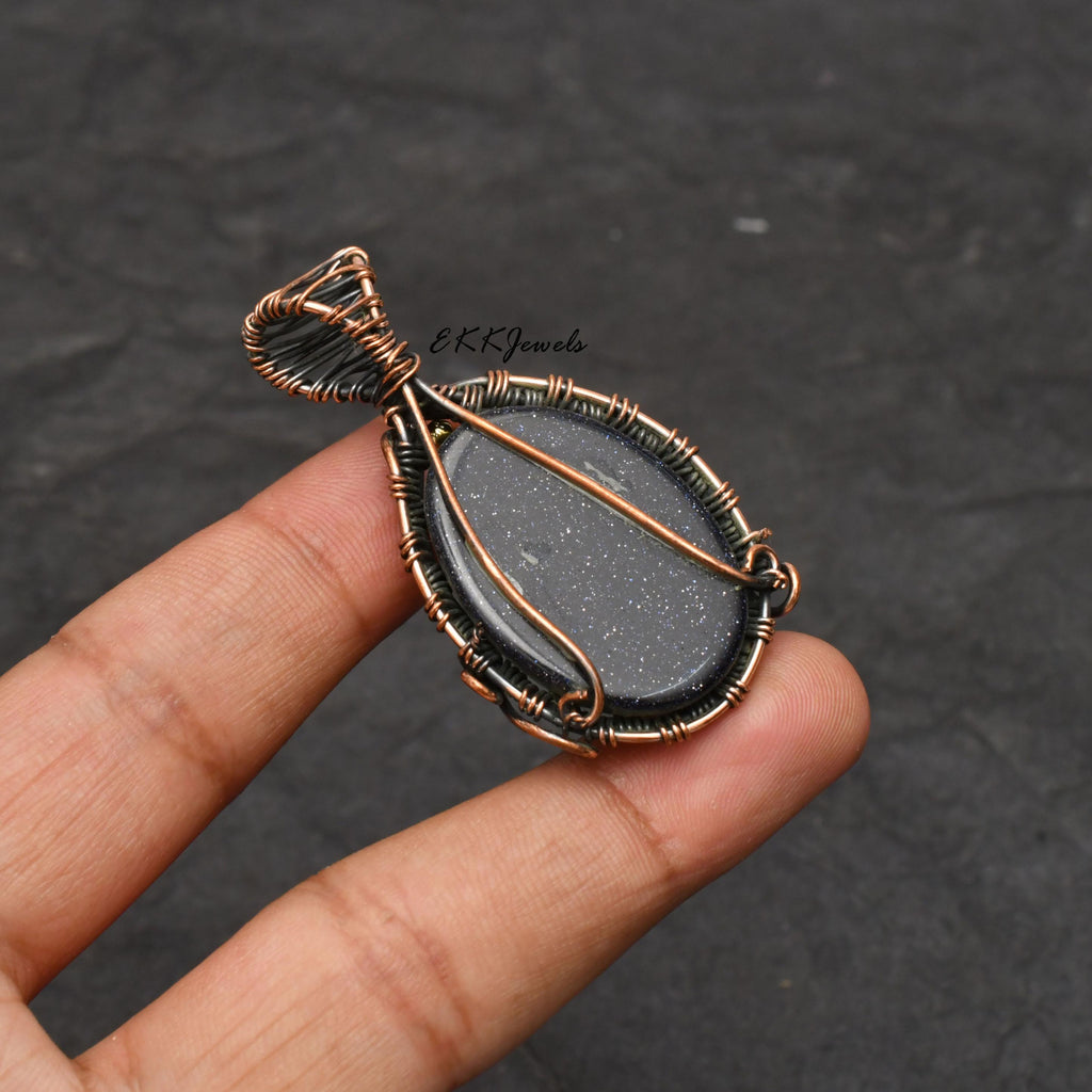 EkkJewels Handmade Copper Wire Wrapped Blue Sunsitara Pendant Necklace