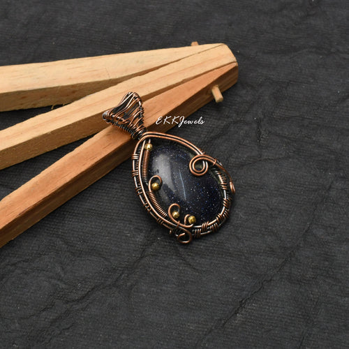 EkkJewels Handmade Copper Wire Wrapped Blue Sunsitara Pendant Necklace