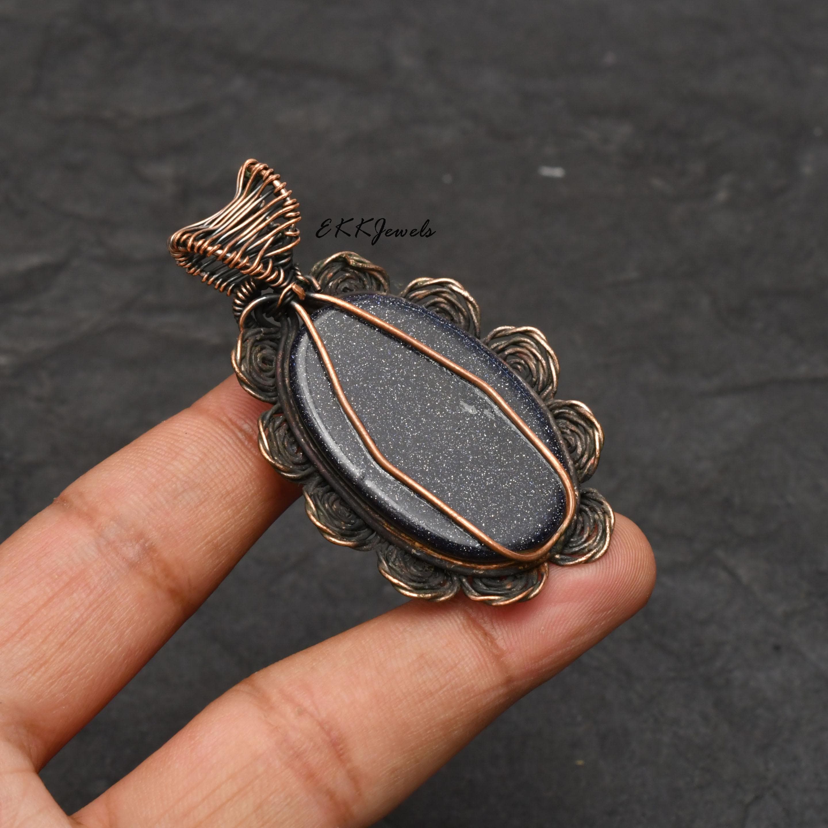 EkkJewels Handmade Copper Wire Wrapped Blue Sunsitara Pendant Necklace