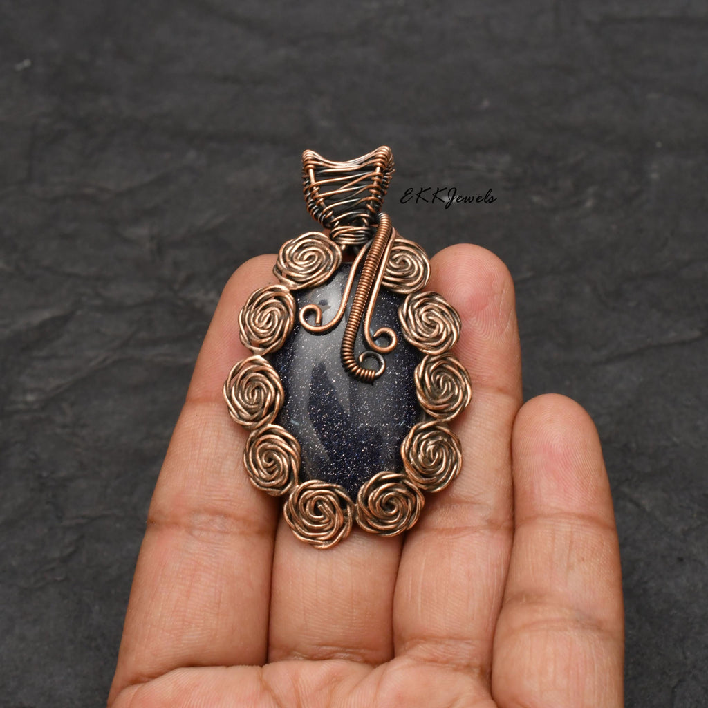EkkJewels Handmade Copper Wire Wrapped Blue Sunsitara Pendant Necklace