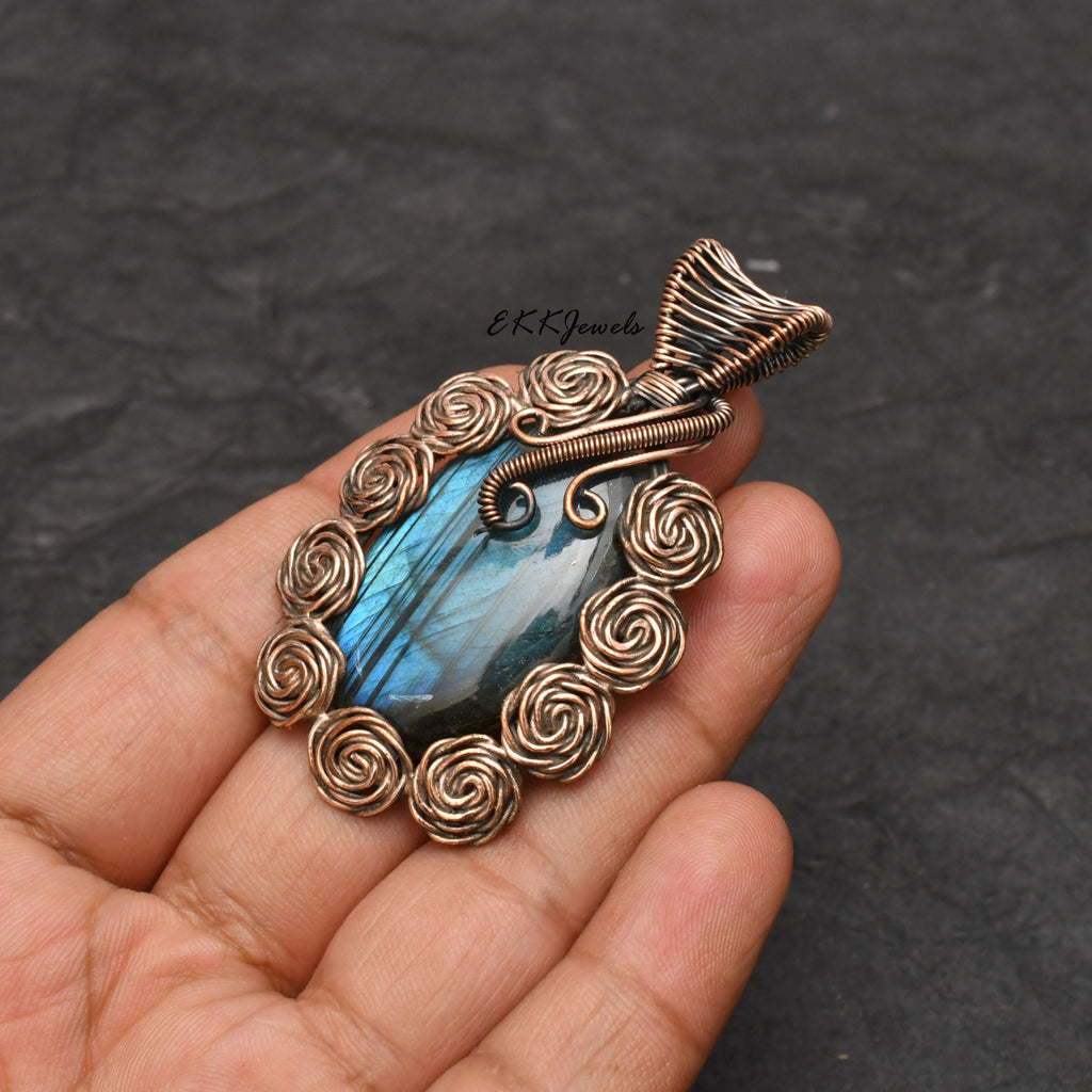 Handmade Copper Wire Wrapped Labradorite Pendant Necklace Jewelry