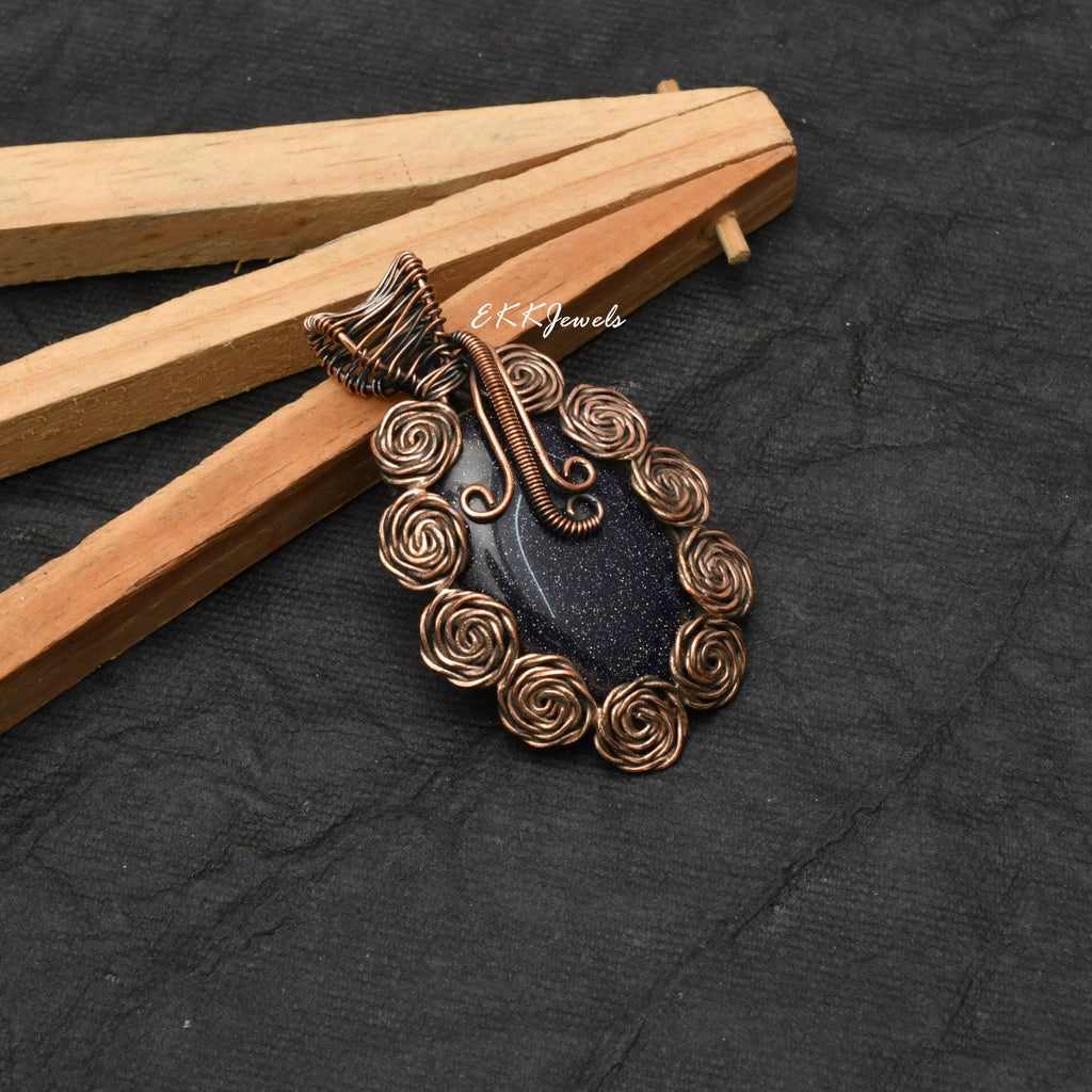 EkkJewels Handmade Copper Wire Wrapped Blue Sunsitara Pendant Necklace