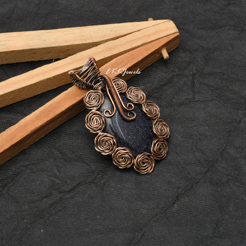 EkkJewels Handmade Copper Wire Wrapped Blue Sunsitara Pendant Necklace