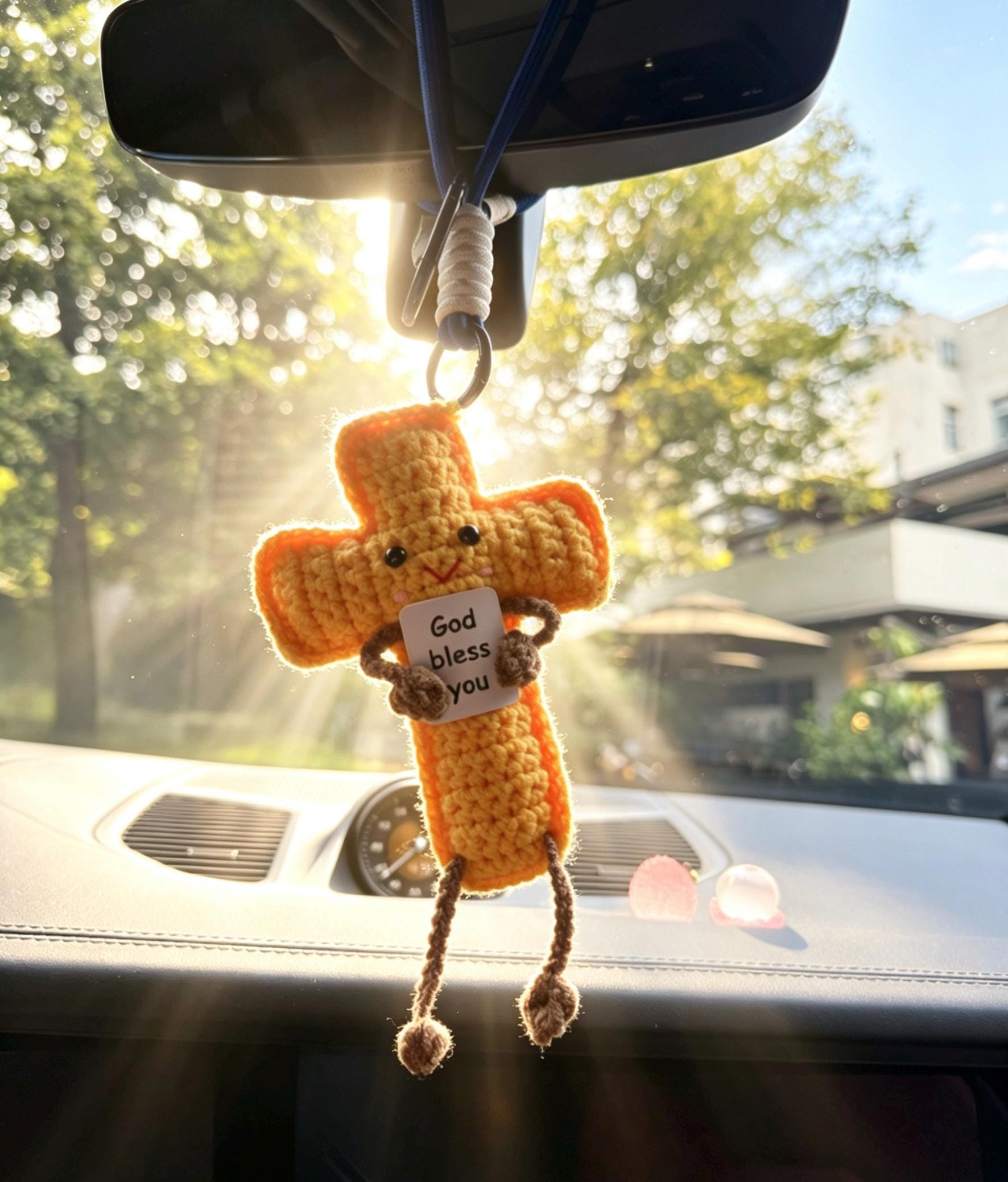 Crochetrecipe Handmade Crochet Jesus Figure Wooden Cross Hanging Car Ornament