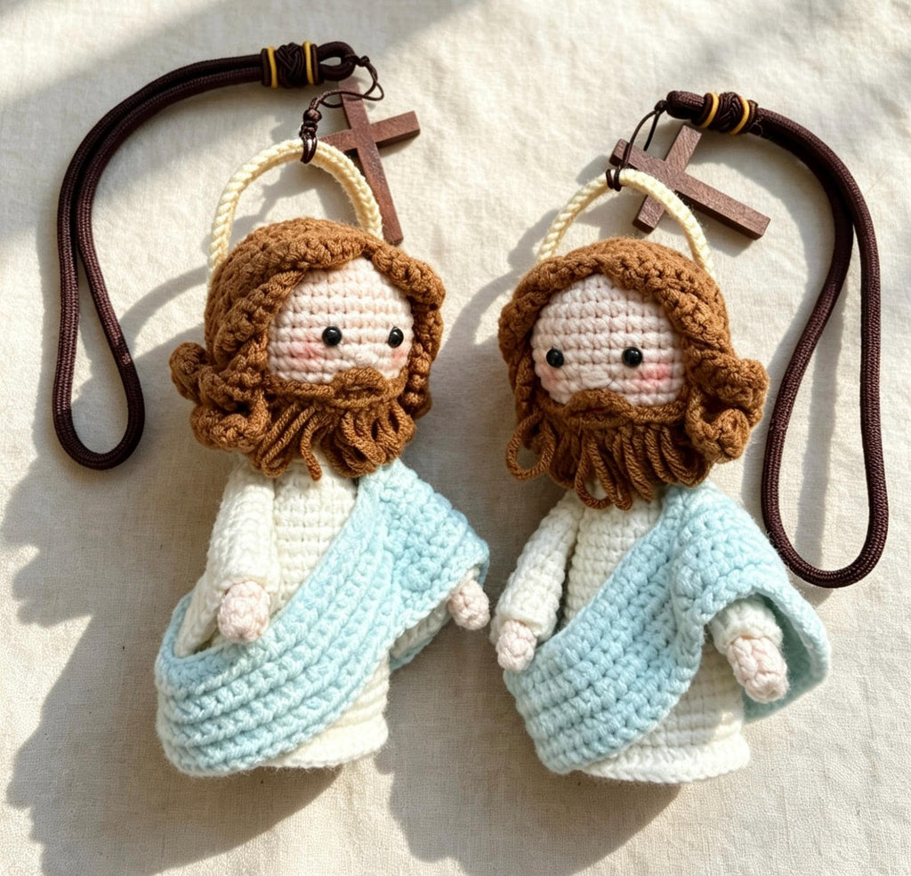 Crochetrecipe Handmade Crochet Jesus Figure Wooden Cross Hanging Car Ornament