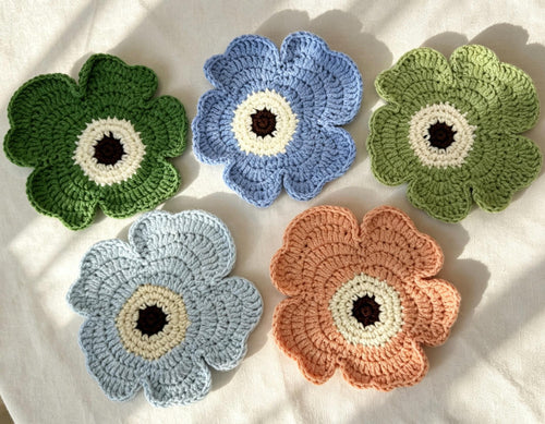 CrochetRecipe Morandi Corn Poppy Crochet Coaster Set Pastel 6in