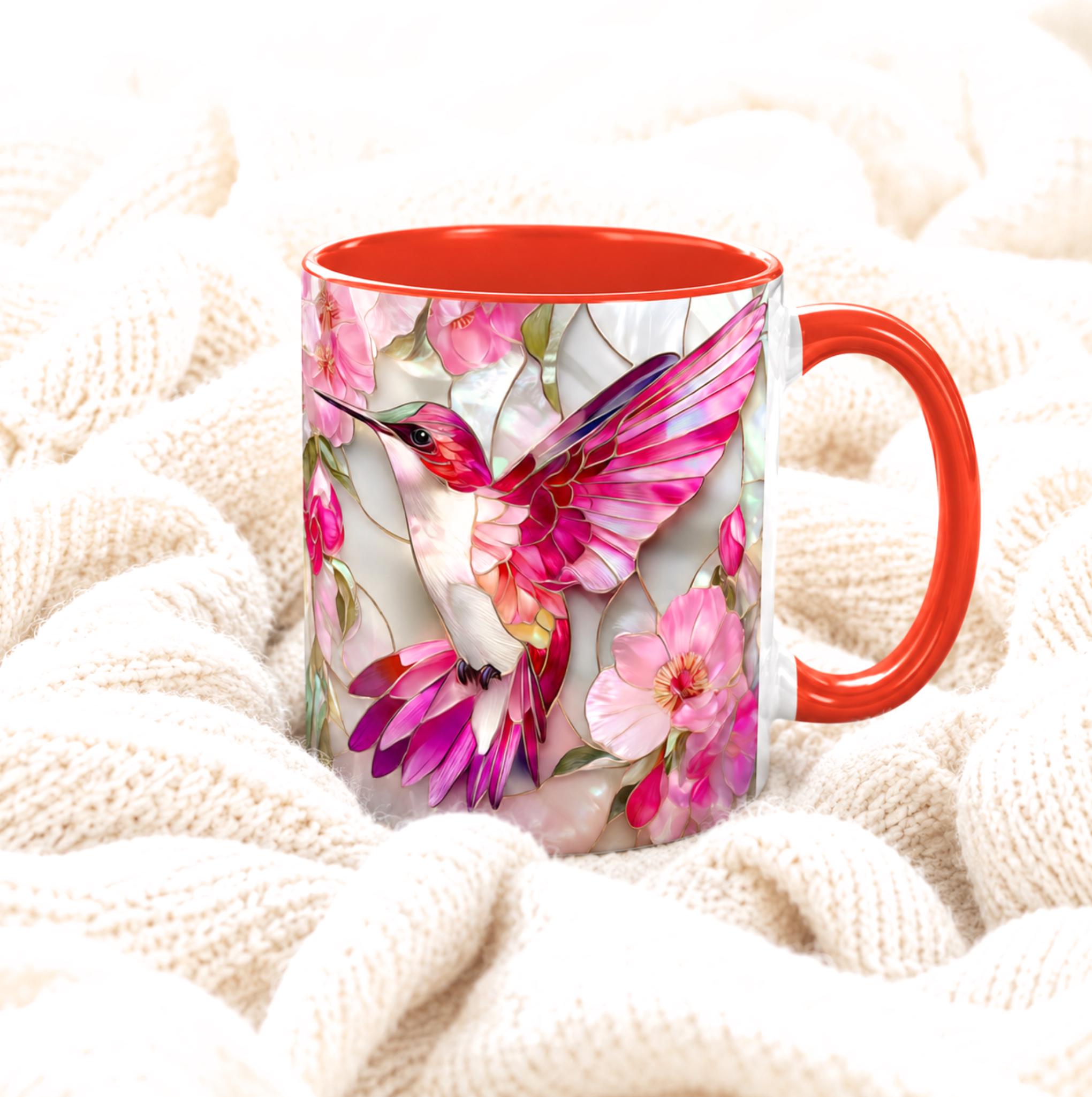Pink Faux Stained Glass Hummingbird Mug, Floral Botanical Coffee Cup