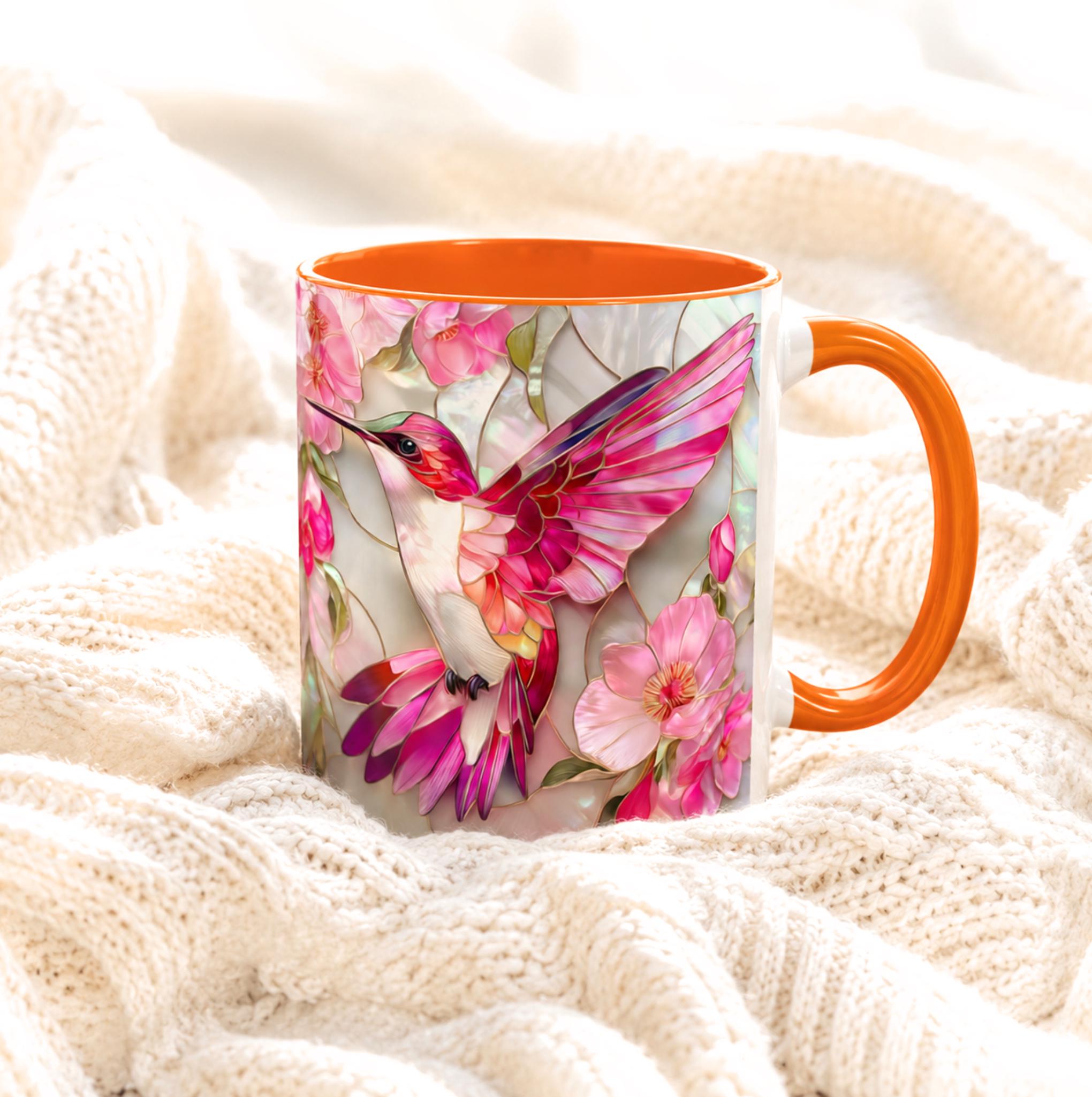 Pink Faux Stained Glass Hummingbird Mug, Floral Botanical Coffee Cup
