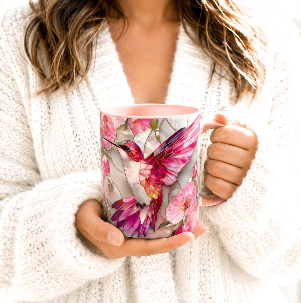 Pink Faux Stained Glass Hummingbird Mug, Floral Botanical Coffee Cup