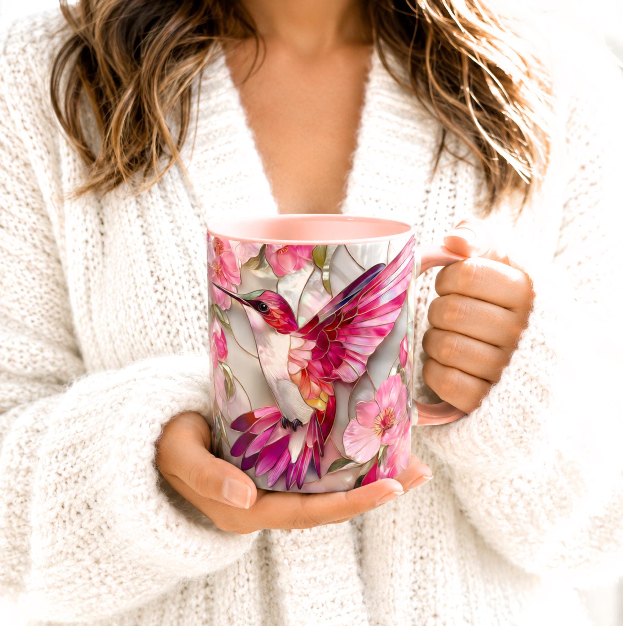 Pink Faux Stained Glass Hummingbird Mug, Floral Botanical Coffee Cup