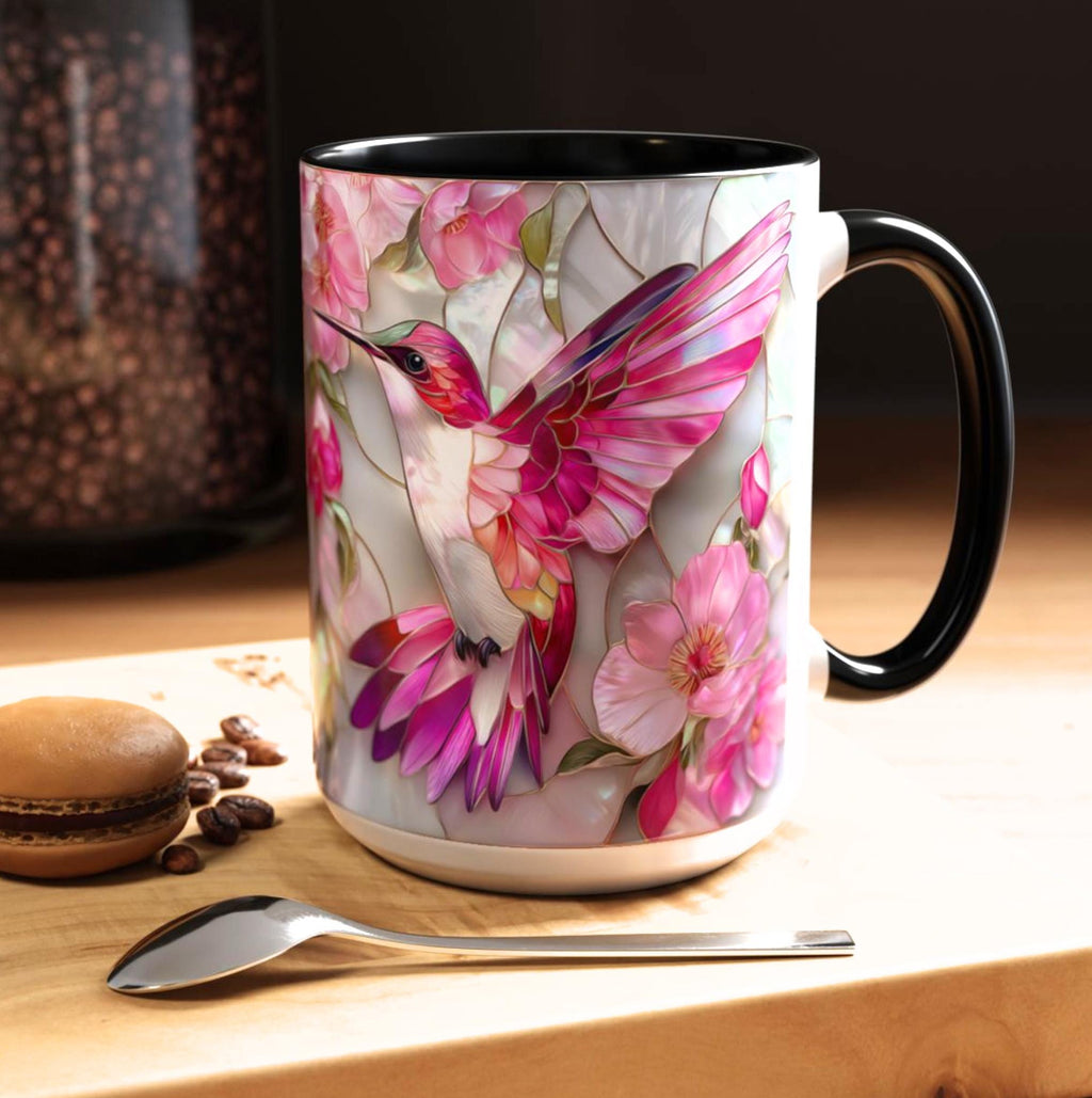 Pink Faux Stained Glass Hummingbird Mug, Floral Botanical Coffee Cup