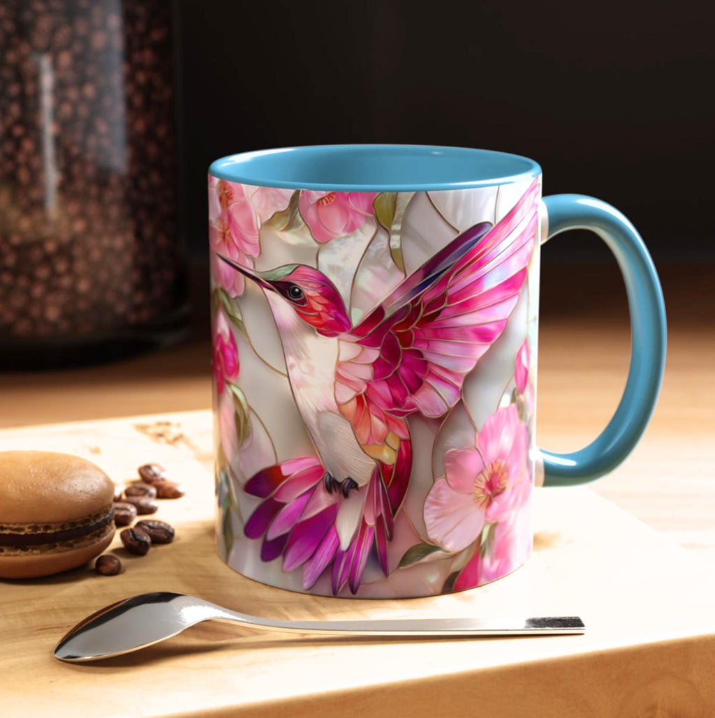 Pink Faux Stained Glass Hummingbird Mug, Floral Botanical Coffee Cup