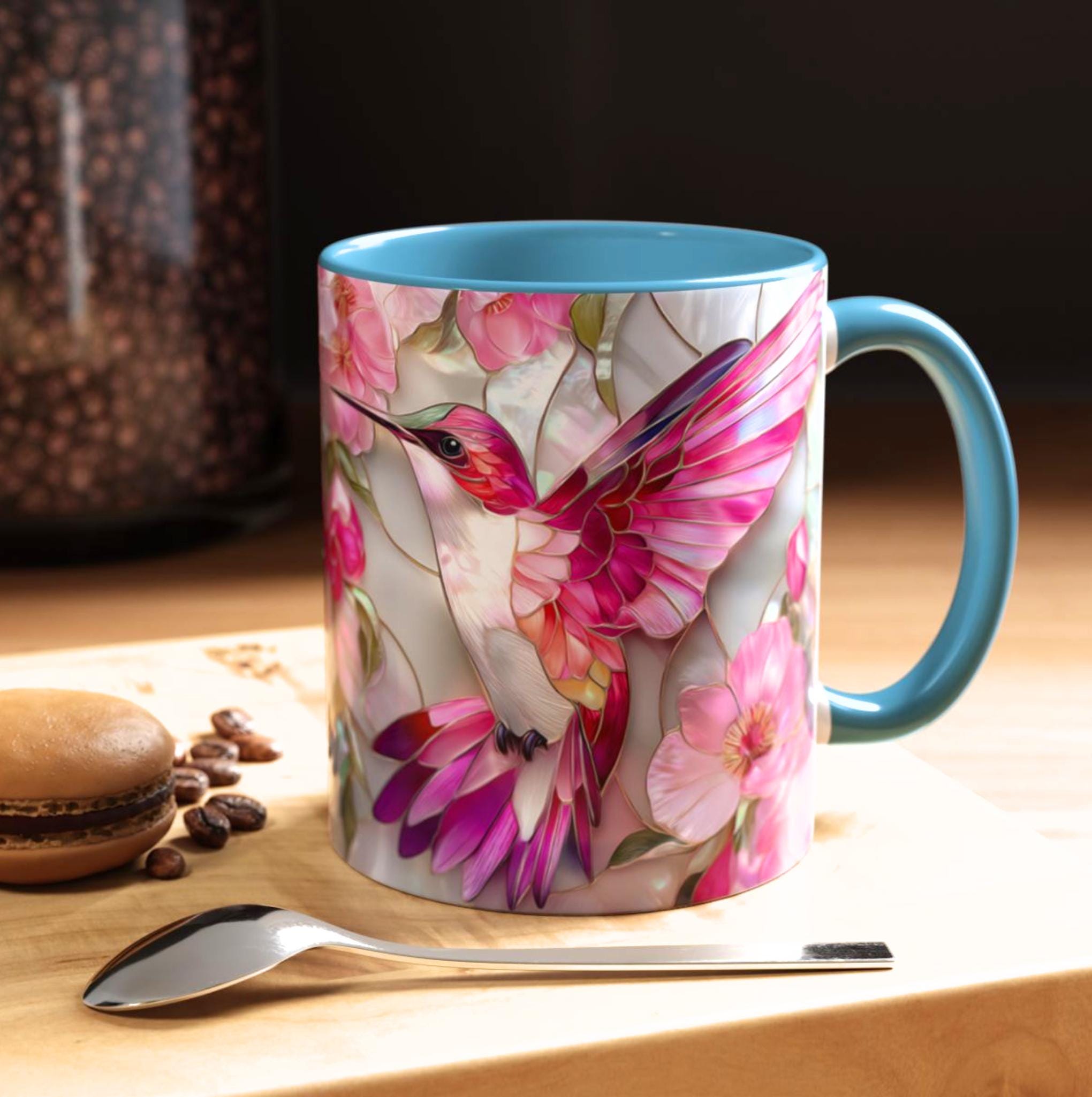 Pink Faux Stained Glass Hummingbird Mug, Floral Botanical Coffee Cup