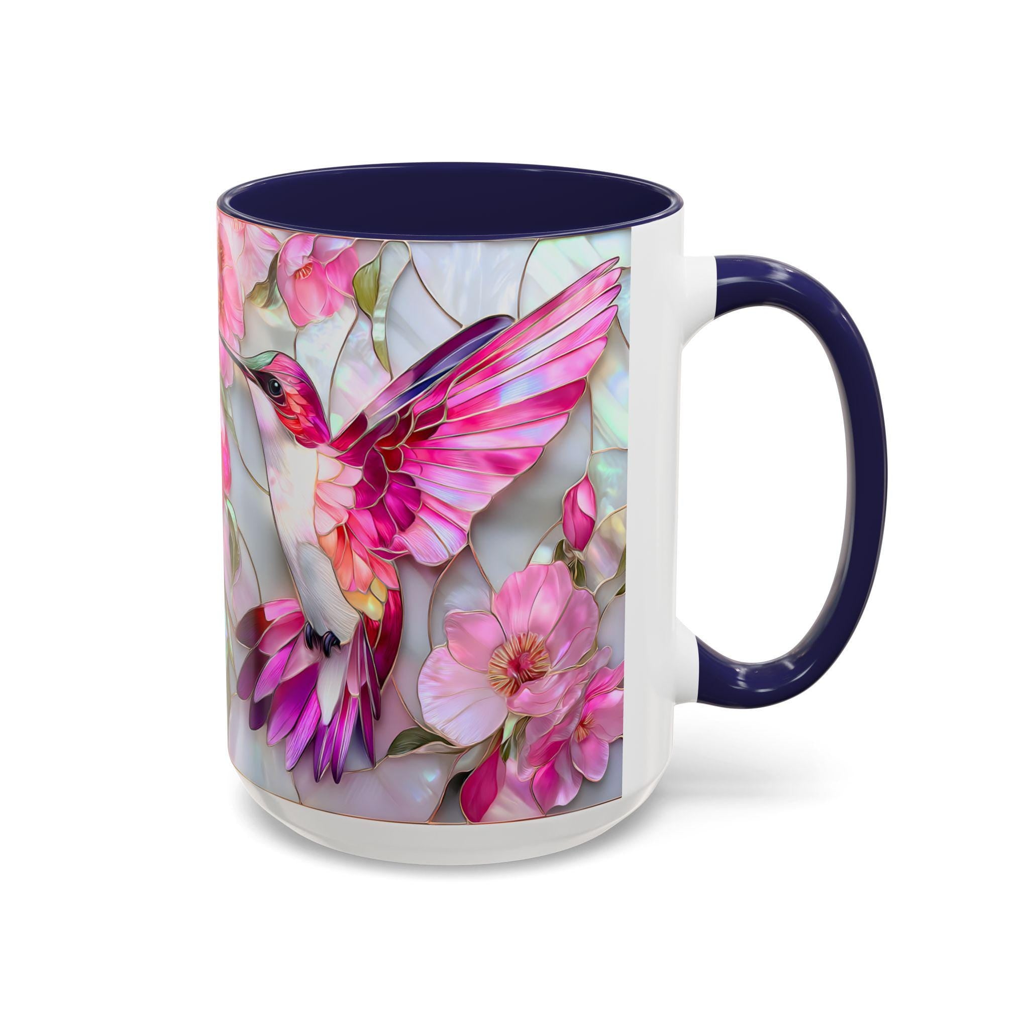 Pink Faux Stained Glass Hummingbird Mug, Floral Botanical Coffee Cup
