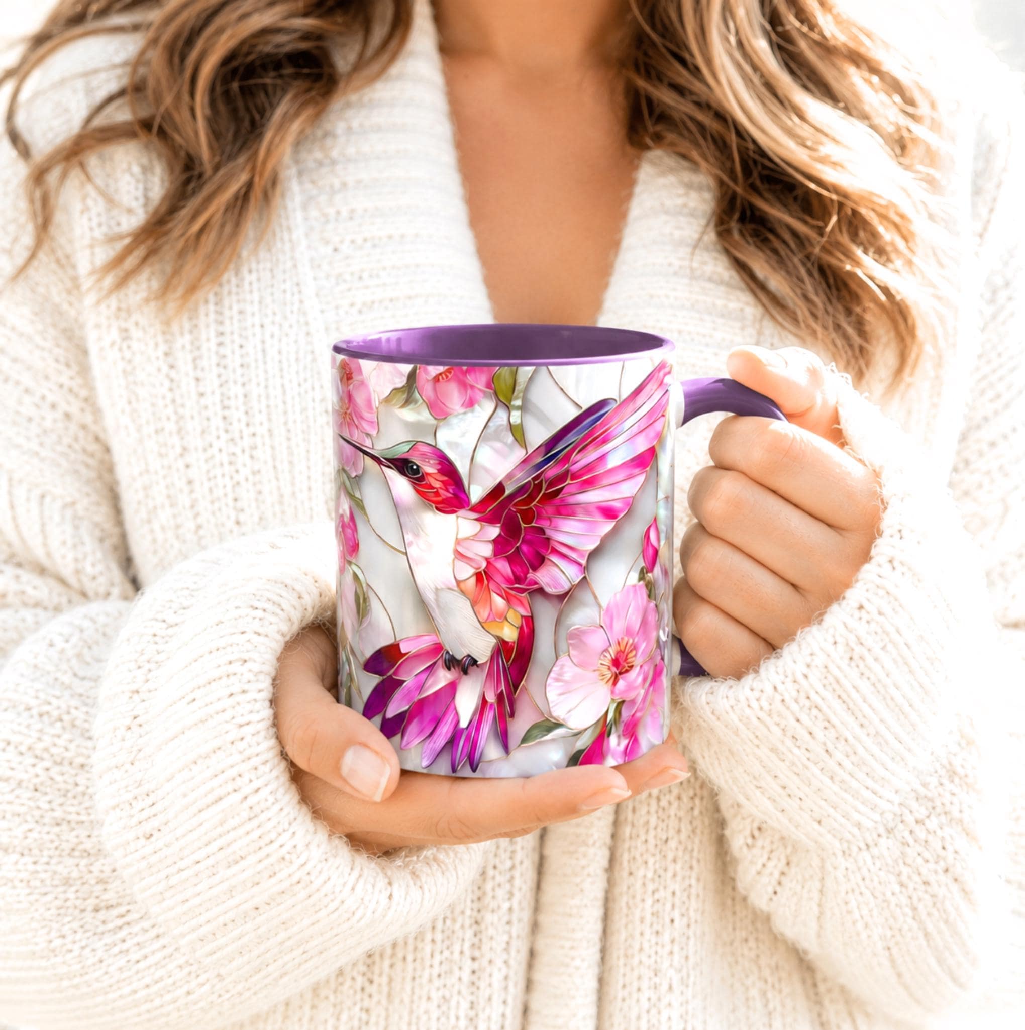 Pink Faux Stained Glass Hummingbird Mug, Floral Botanical Coffee Cup
