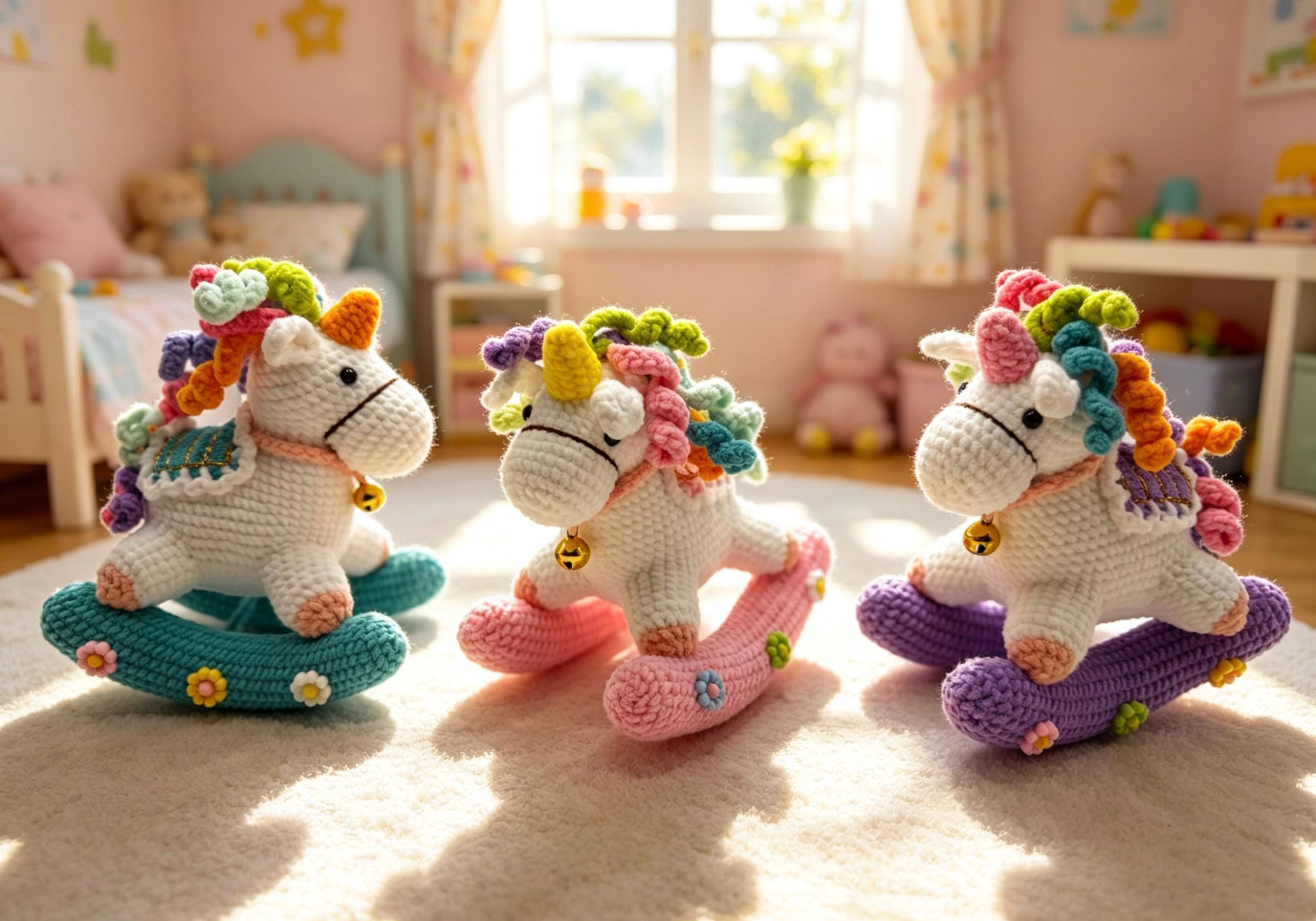 CrochetRecipe Handmade Crochet Rocking Unicorn Toy 7in Pink