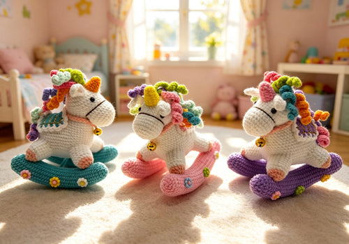CrochetRecipe Handmade Crochet Rocking Unicorn Toy 7in Pink