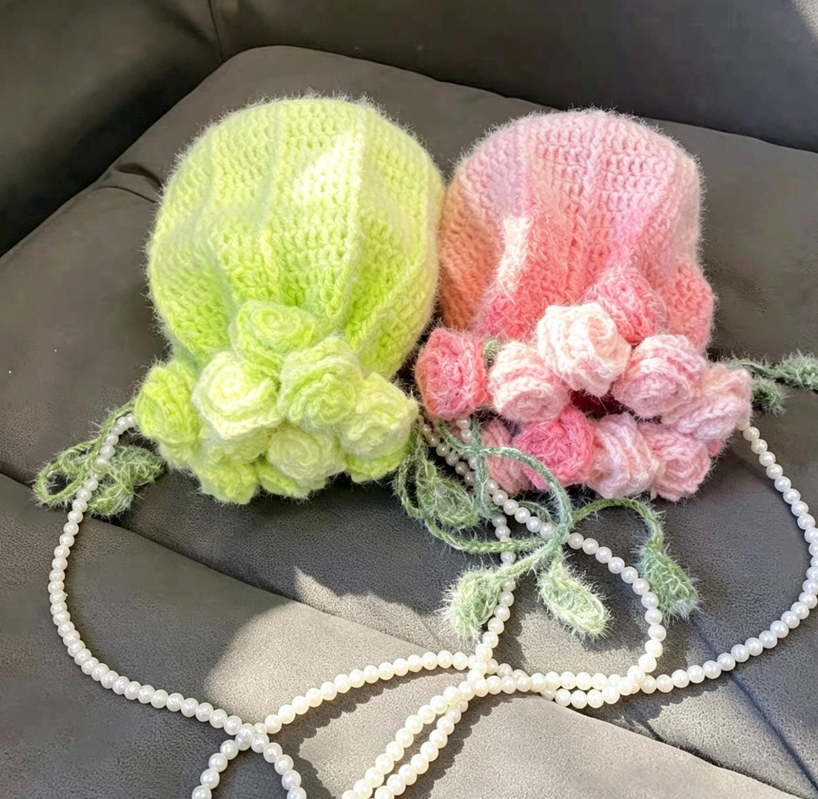 CrochetRecipe Handmade Crochet Flower Tote Drawstring Bag Pearl