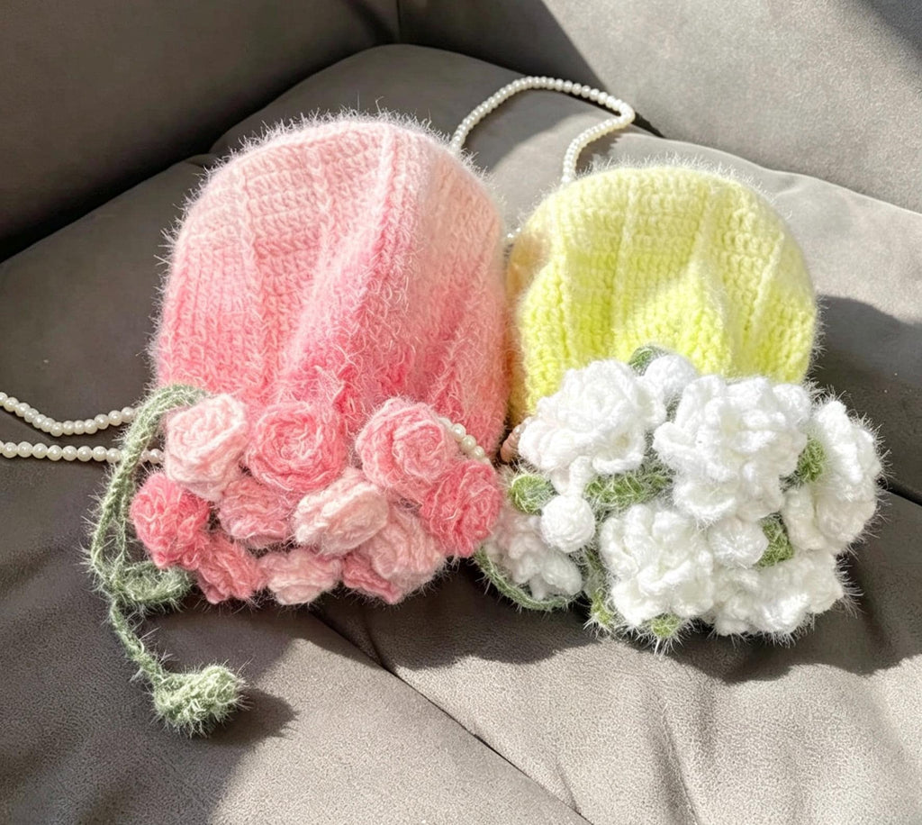 CrochetRecipe Handmade Crochet Flower Tote Drawstring Bag Pearl