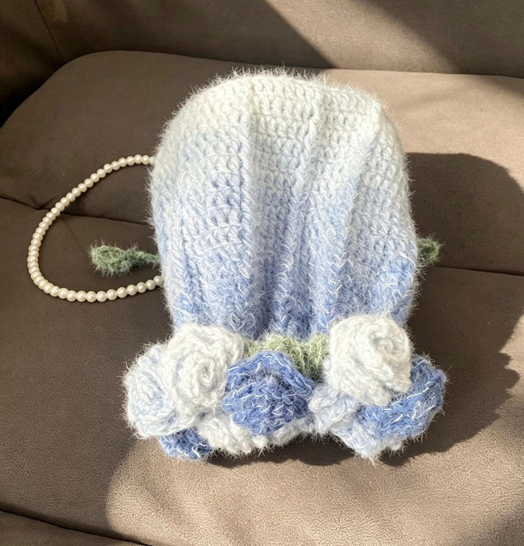 CrochetRecipe Handmade Crochet Flower Tote Drawstring Bag Pearl