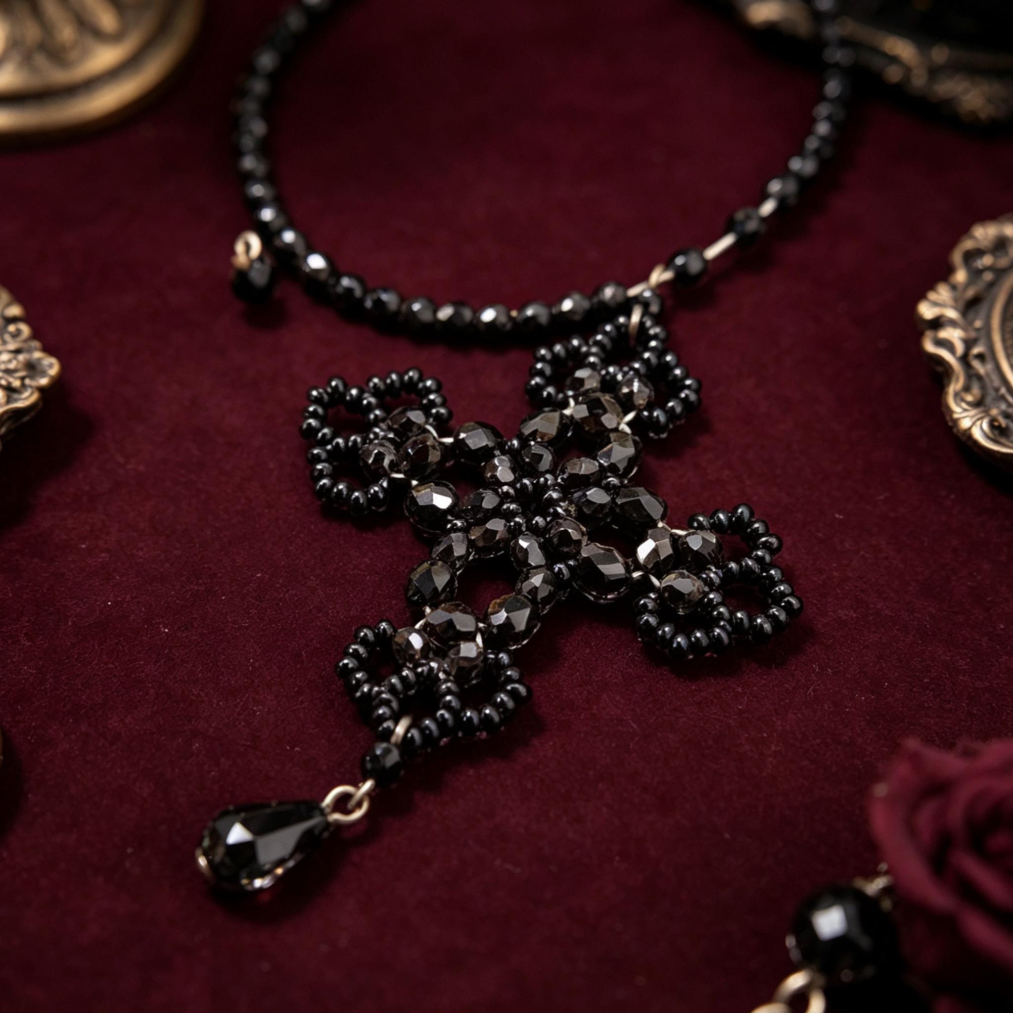 MourningGardenStudio Gothic Cross Necklace Hand Beaded Black Crystal Choker