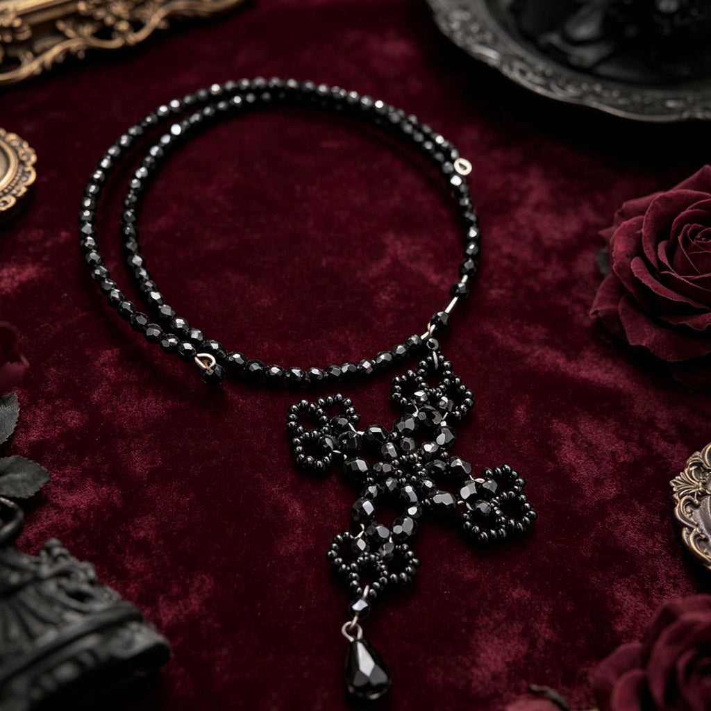 MourningGardenStudio Gothic Cross Necklace Hand Beaded Black Crystal Choker