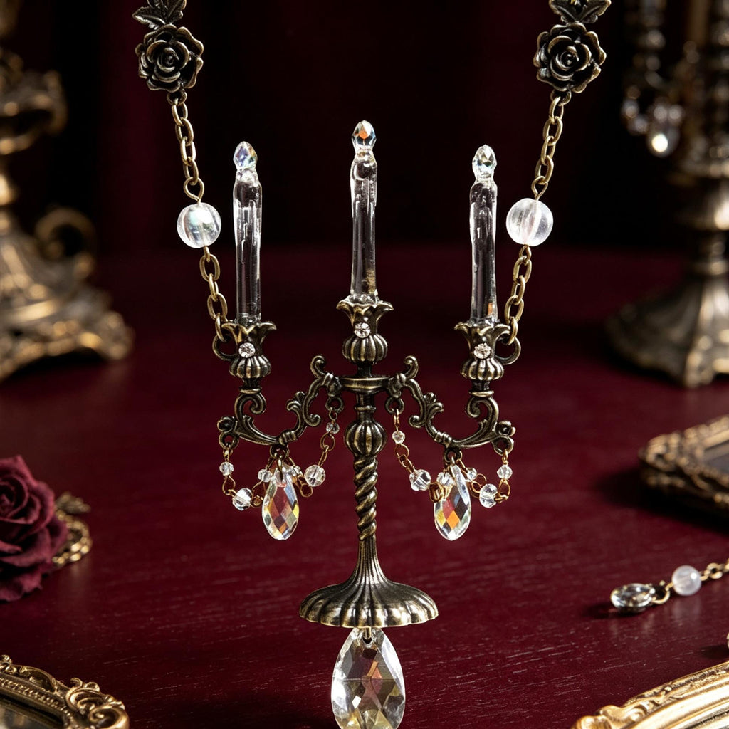 Gothic Candelabra Necklace Antique Brass Crystal Pendant For Victorian Mourning Style