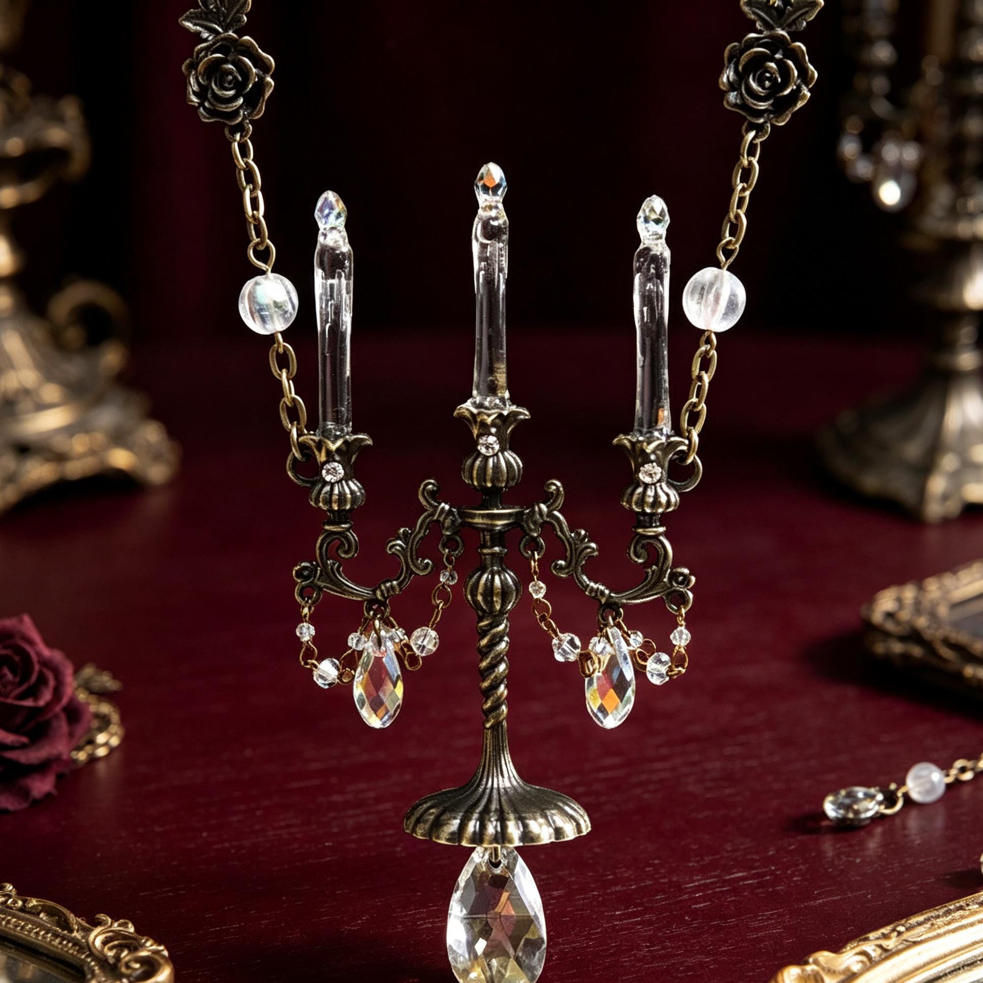 Gothic Candelabra Necklace Antique Brass Crystal Pendant For Victorian Mourning Style