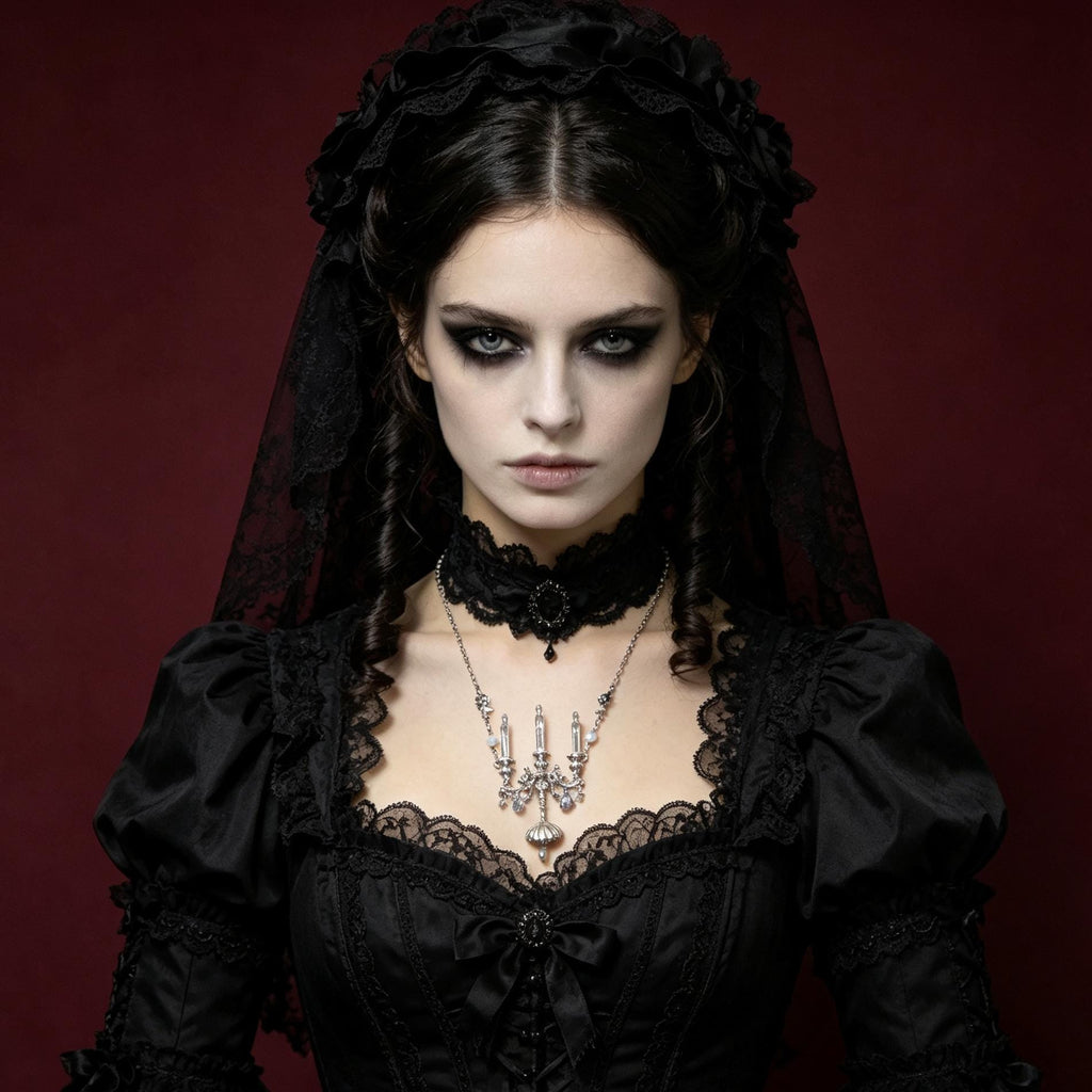 Gothic Candelabra Necklace Antique Brass Crystal Pendant For Victorian Mourning Style