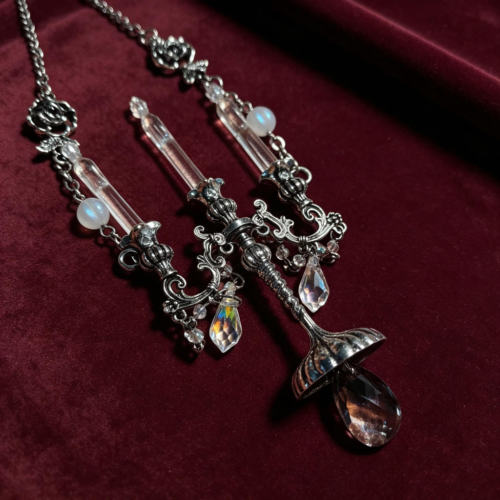 Gothic Candelabra Necklace Antique Brass Crystal Pendant For Victorian Mourning Style