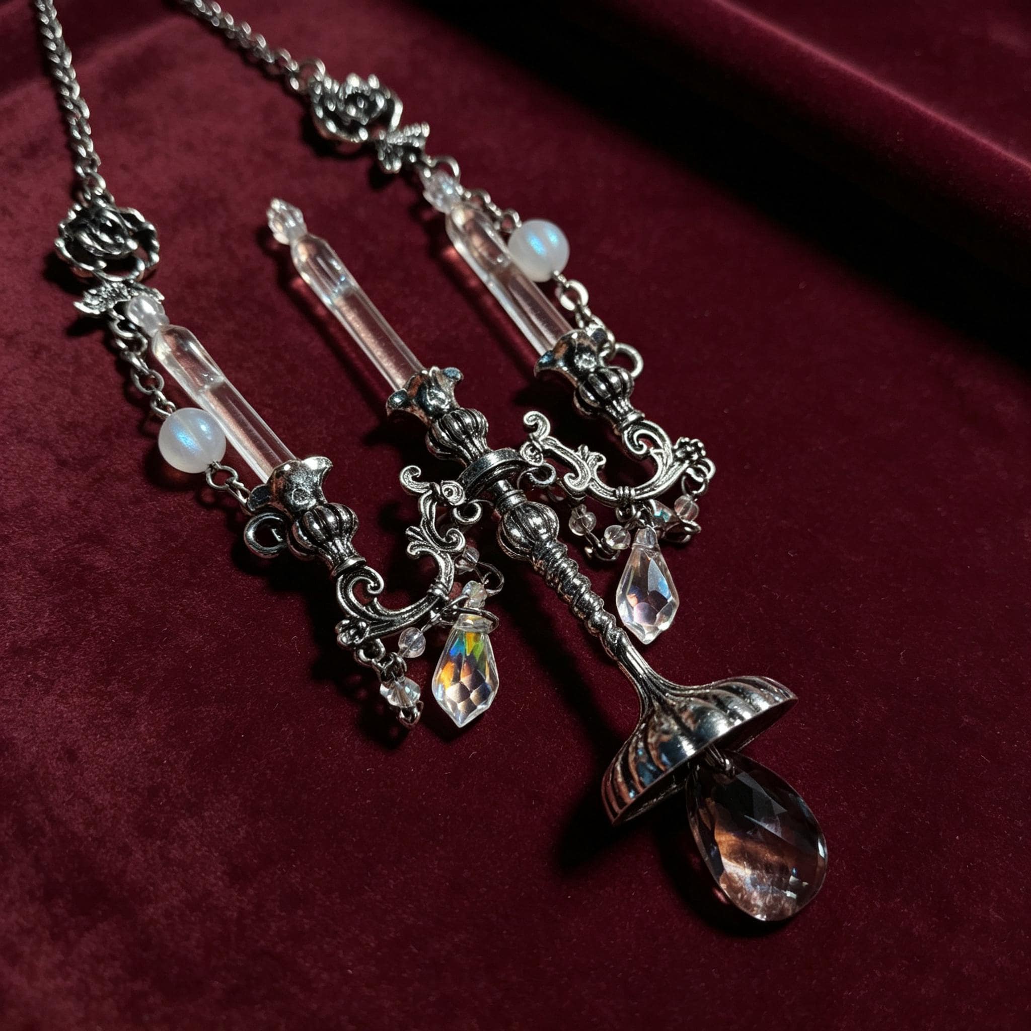 Gothic Candelabra Necklace Antique Brass Crystal Pendant For Victorian Mourning Style