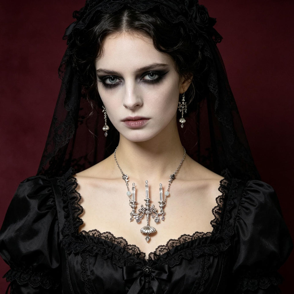 Gothic Candelabra Necklace Antique Brass Crystal Pendant For Victorian Mourning Style
