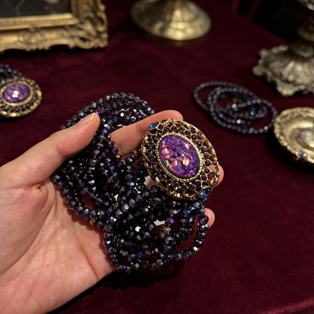 Victorian Widow Gothic Necklace Purple Crystal Opal Pendant For Duchess Style